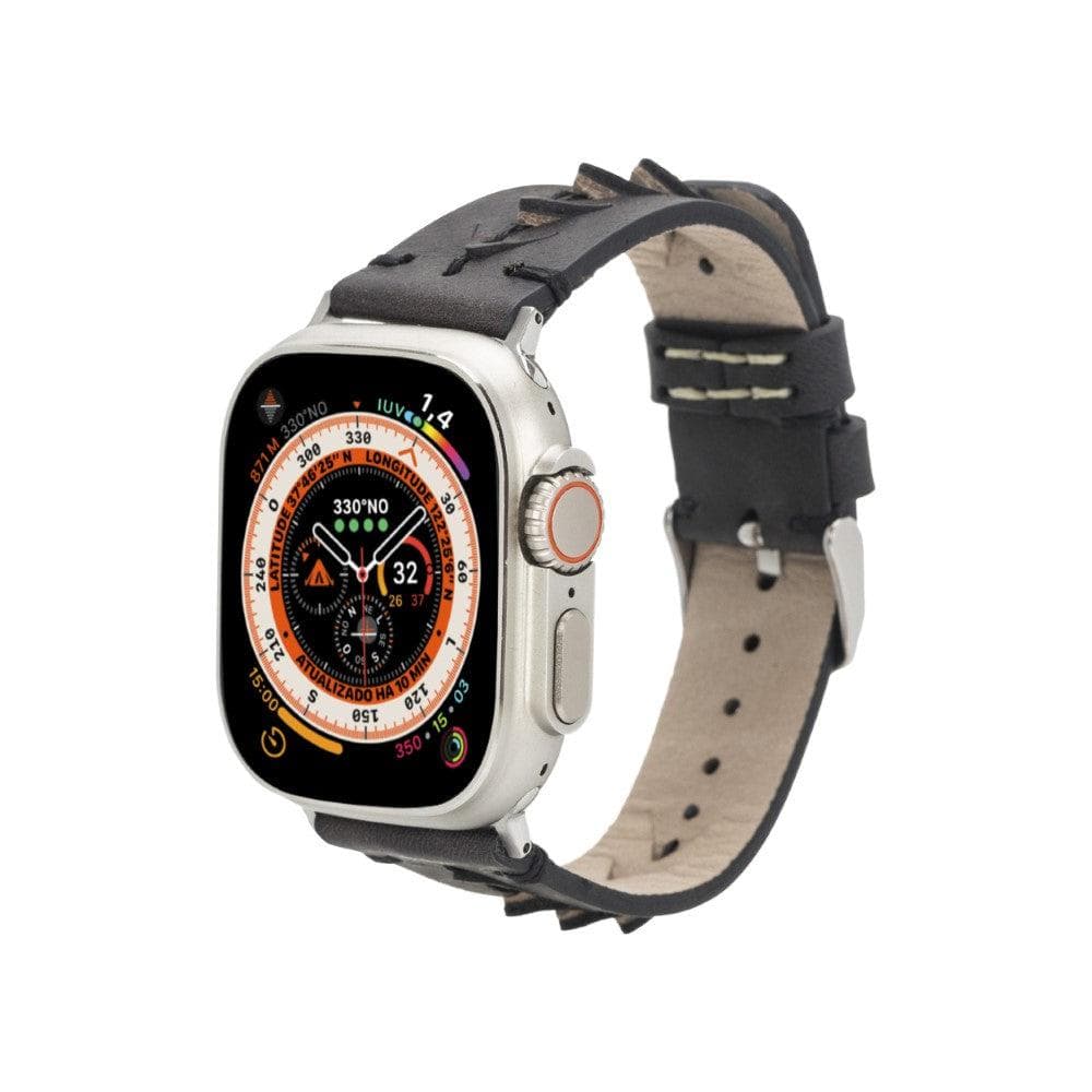 Longleat Apple Watch Leather Strap in premium full-grain leather with stainless steel buckle, showcasing personalization options.