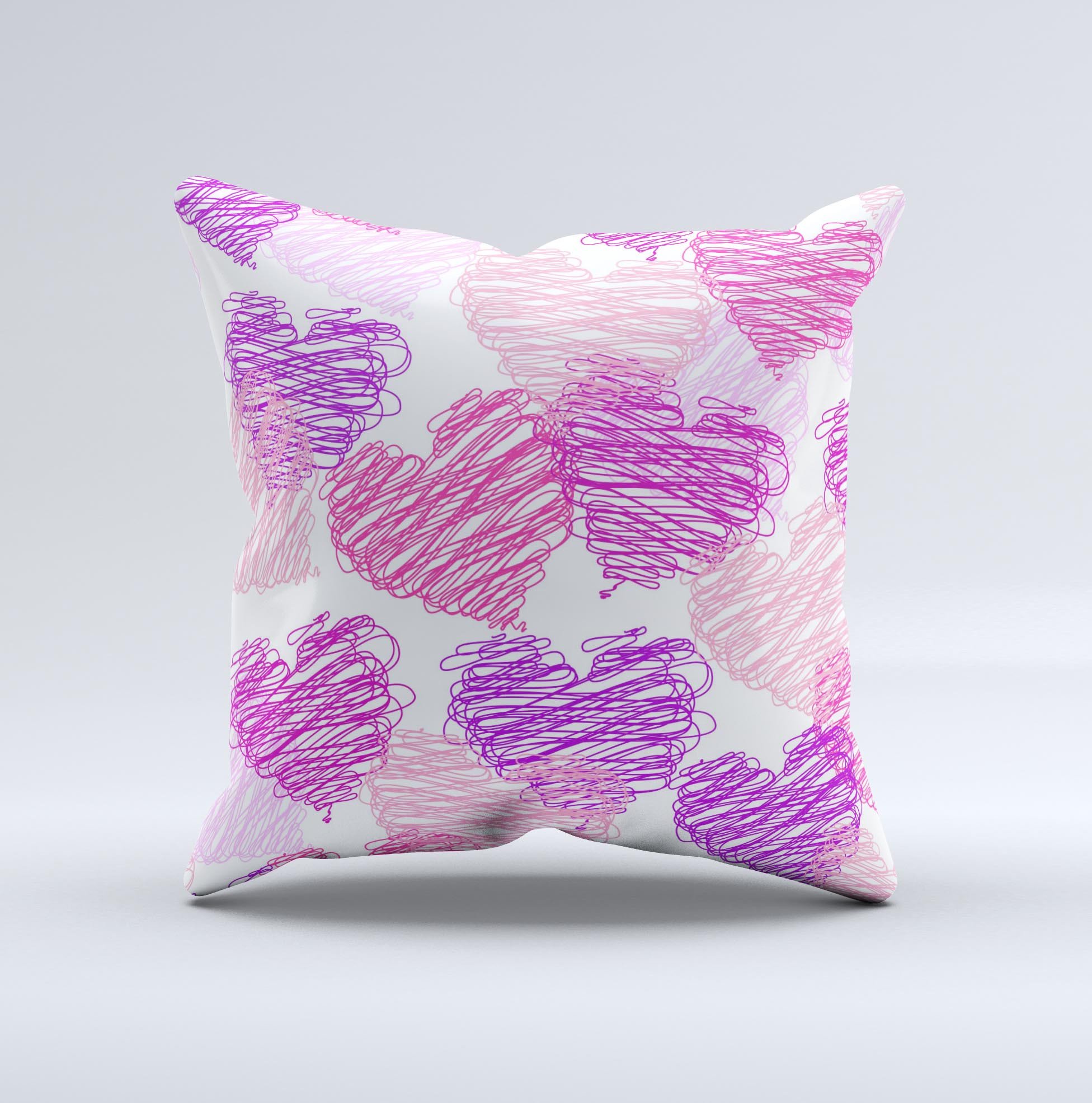 Loopy Pink and Purple Hearts decorative throw pillow with vibrant colors and unique design, handcrafted in Virginia.