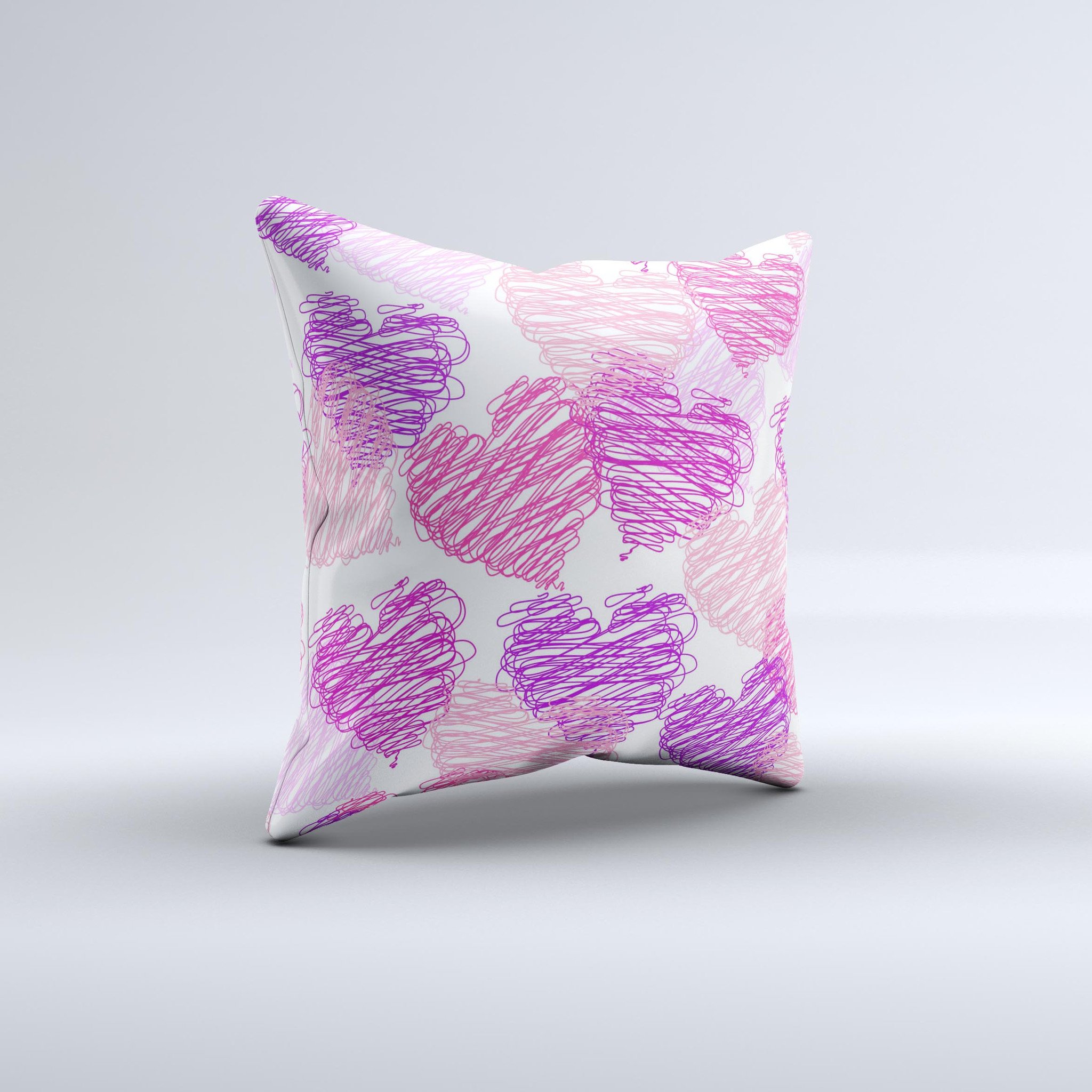 Loopy Pink and Purple Hearts decorative throw pillow with vibrant colors and unique design, handcrafted in Virginia.