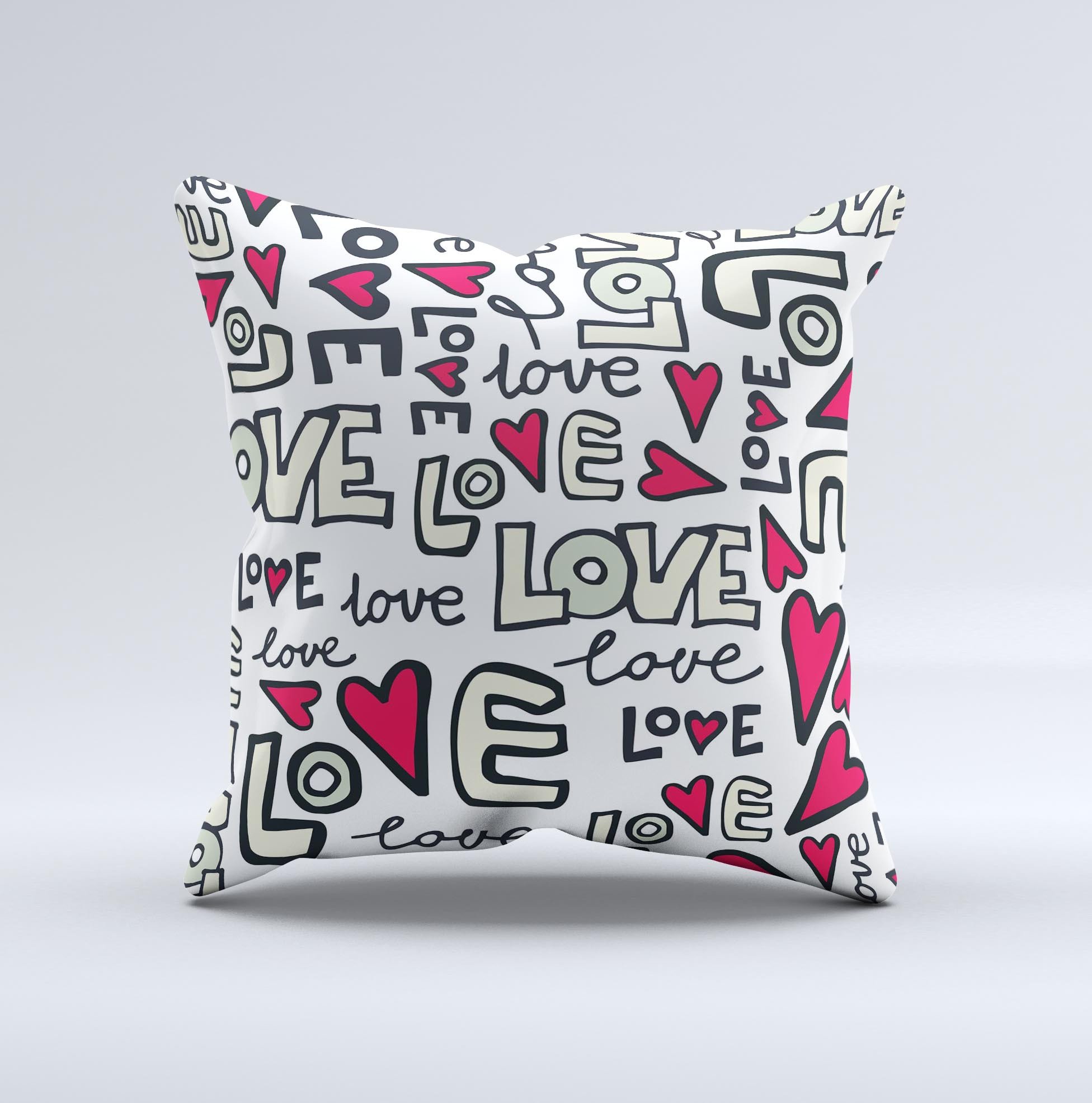 Love and Hearts Doodle Pattern decorative throw pillow featuring a colorful heart design on a soft fabric.