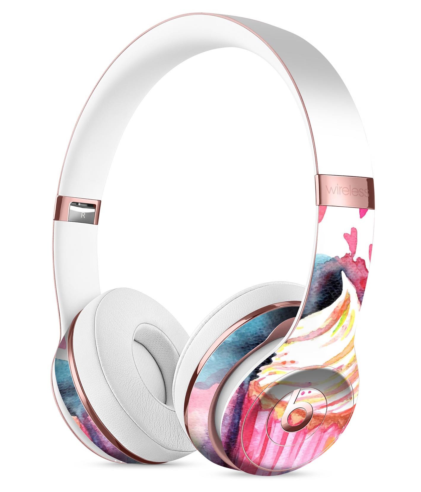 Colorful Love, Cupcakes, and Watercolor Skin Kit for Beats by Dre Solo 3 Wireless Headphones, showcasing vibrant designs and premium vinyl material.