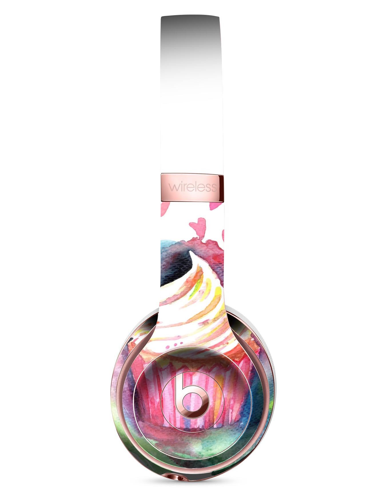 Colorful Love, Cupcakes, and Watercolor Skin Kit for Beats by Dre Solo 3 Wireless Headphones, showcasing vibrant designs and premium vinyl material.