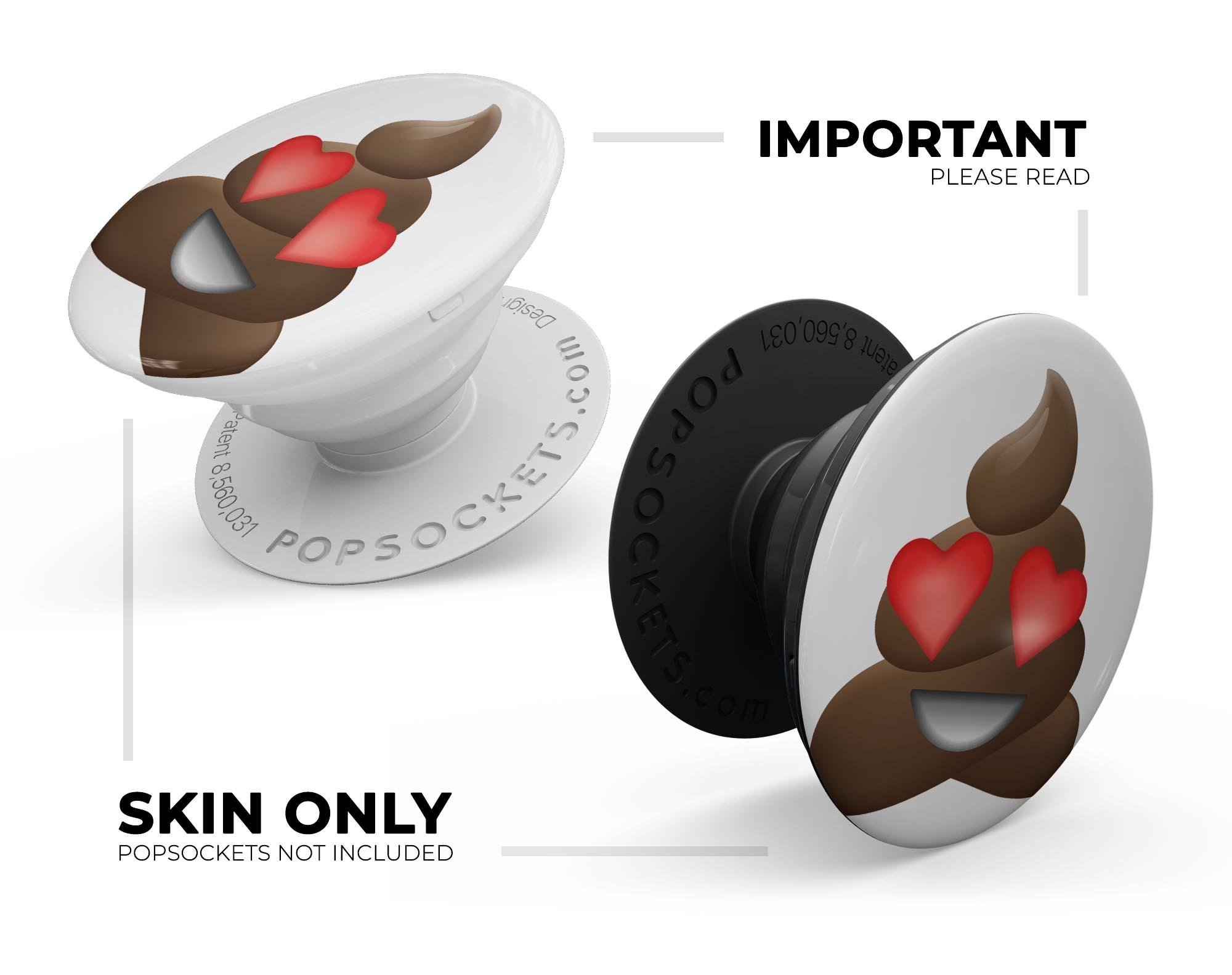 Love Eyes Poo Emoticon Emoji Skin Kit for PopSockets, featuring a playful design on premium vinyl.