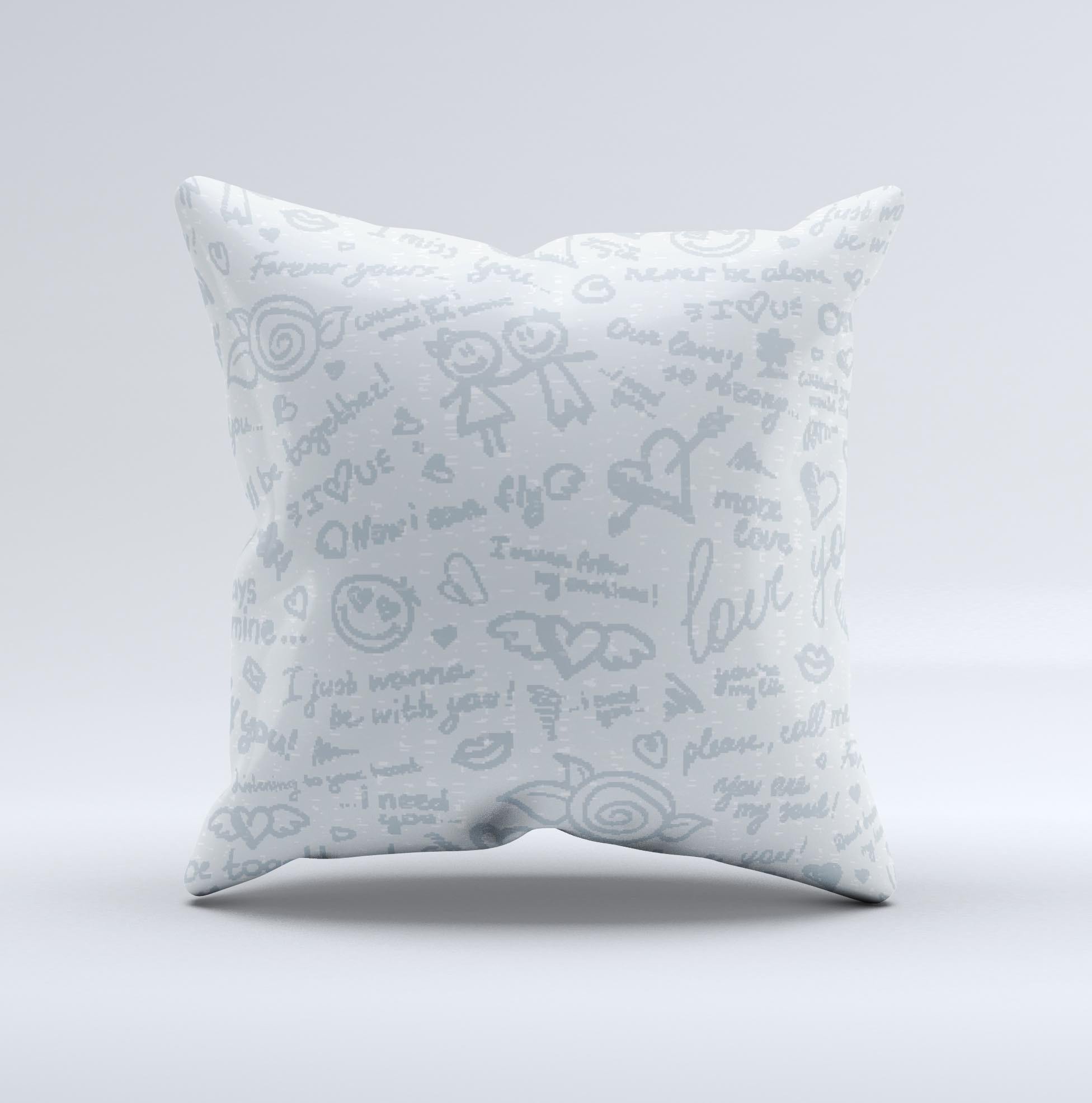 Love Story Doodle Sketch ink-Fuzed Decorative Throw Pillow featuring unique hand-drawn design and soft fabric, perfect for home decor.