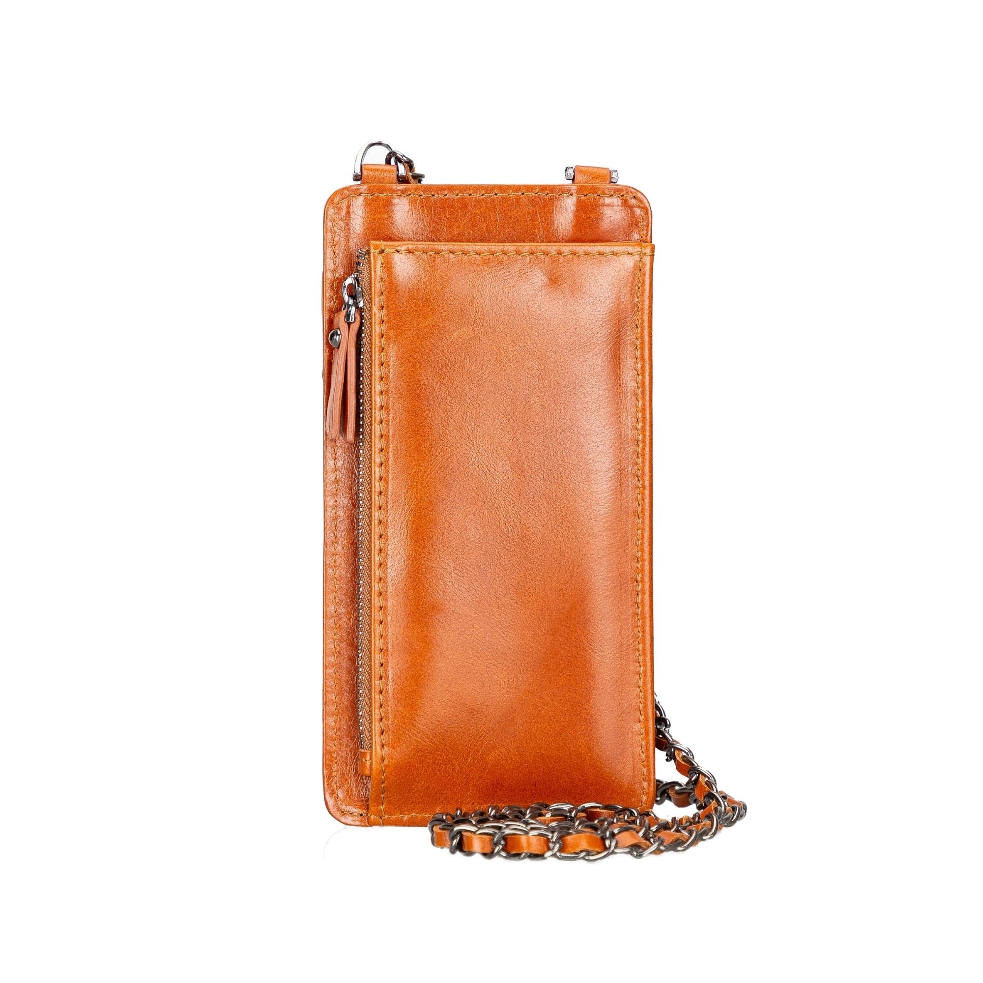 A stylish Lovell Crossbody Leather Phone Wallet made from genuine leather, featuring a zippered compartment and credit card slots.