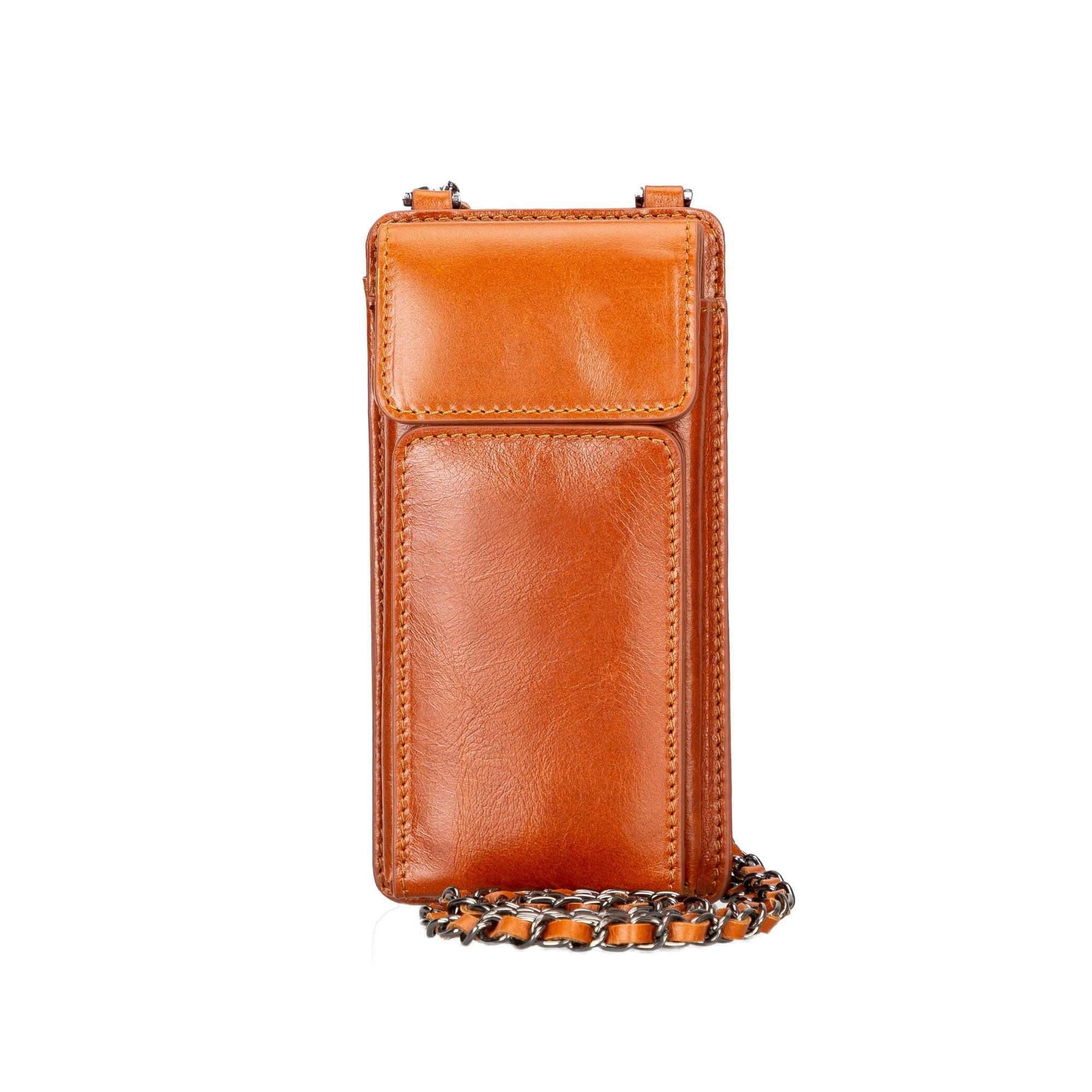 A stylish Lovell Crossbody Leather Phone Wallet made from genuine leather, featuring a zippered compartment and credit card slots.