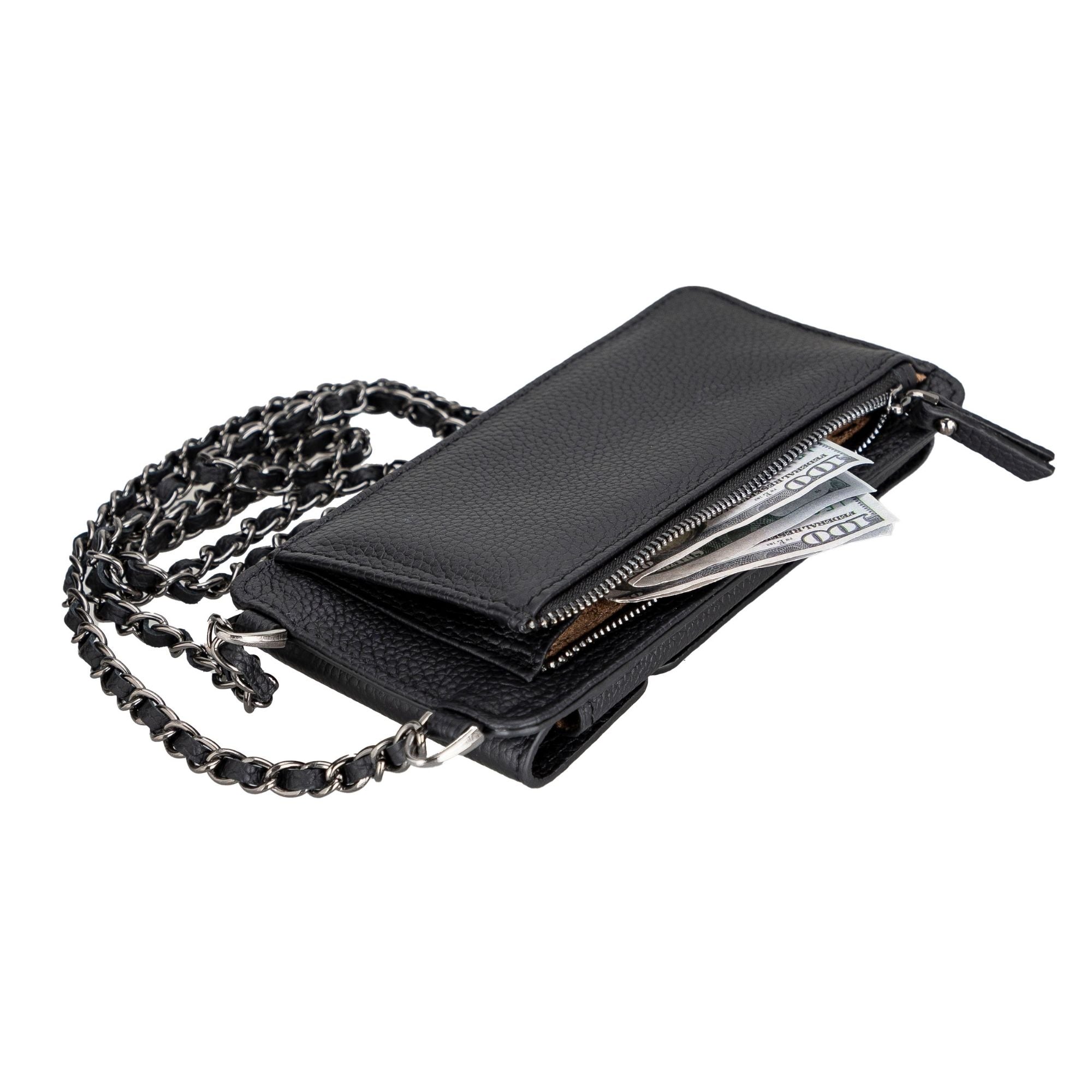 A stylish Lovell Crossbody Leather Phone Wallet made from genuine leather, featuring a zippered compartment and credit card slots.