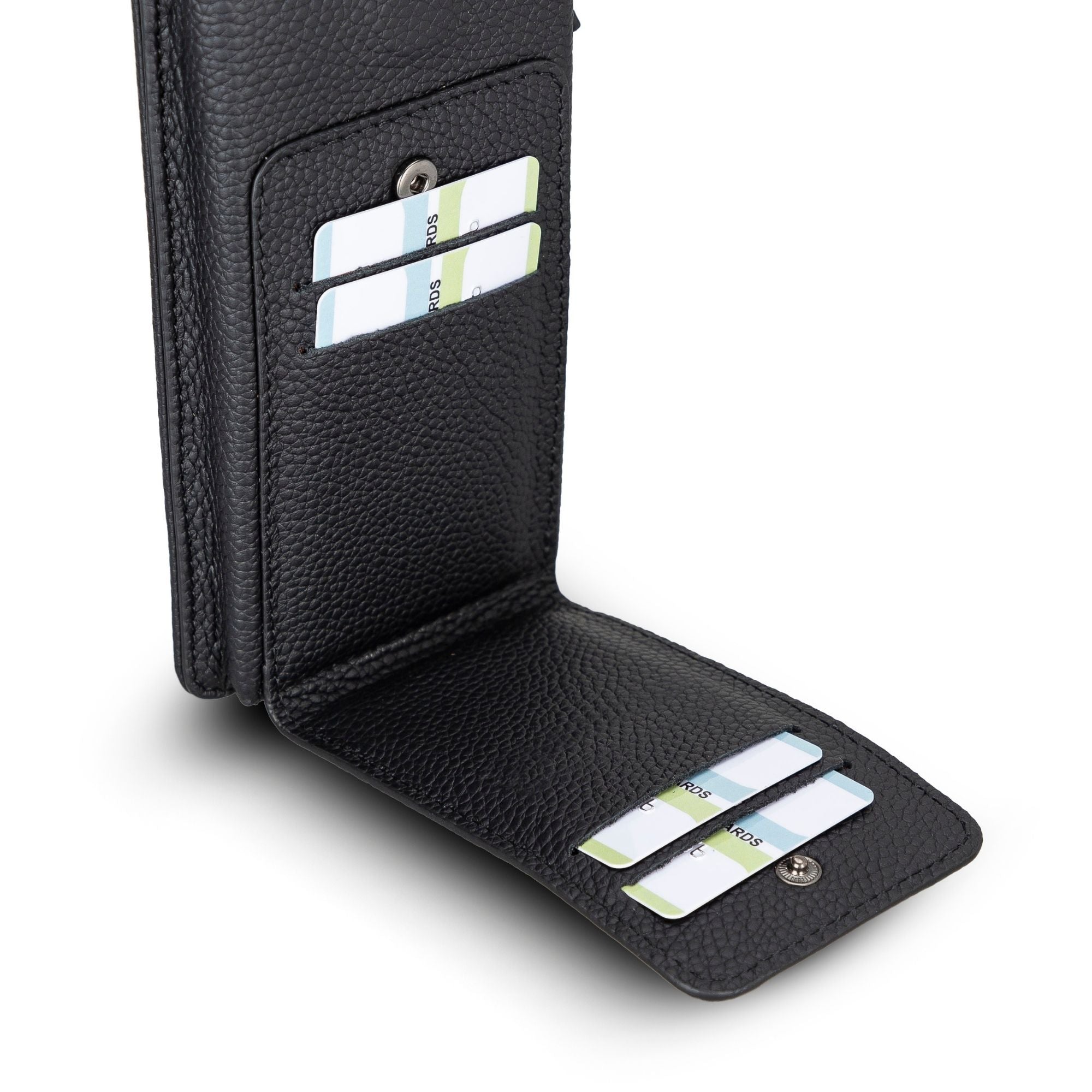 A stylish Lovell Crossbody Leather Phone Wallet made from genuine leather, featuring a zippered compartment and credit card slots.