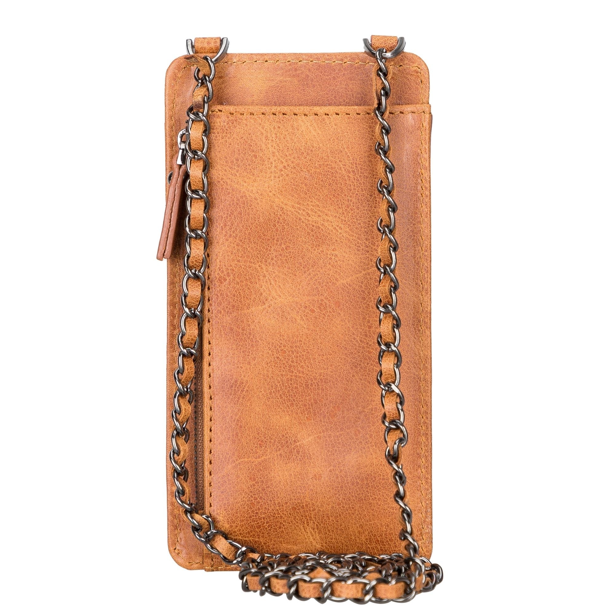 A stylish Lovell Crossbody Leather Phone Wallet made from genuine leather, featuring a zippered compartment and credit card slots.