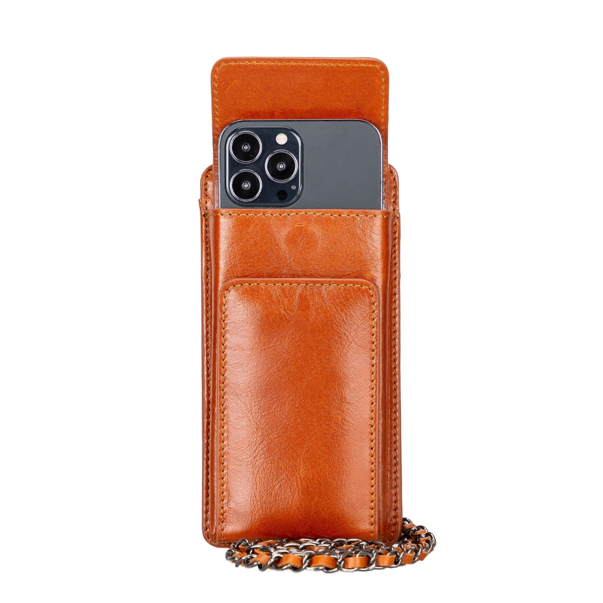 A stylish Lovell Crossbody Leather Phone Wallet made from genuine leather, featuring a zippered compartment and credit card slots.