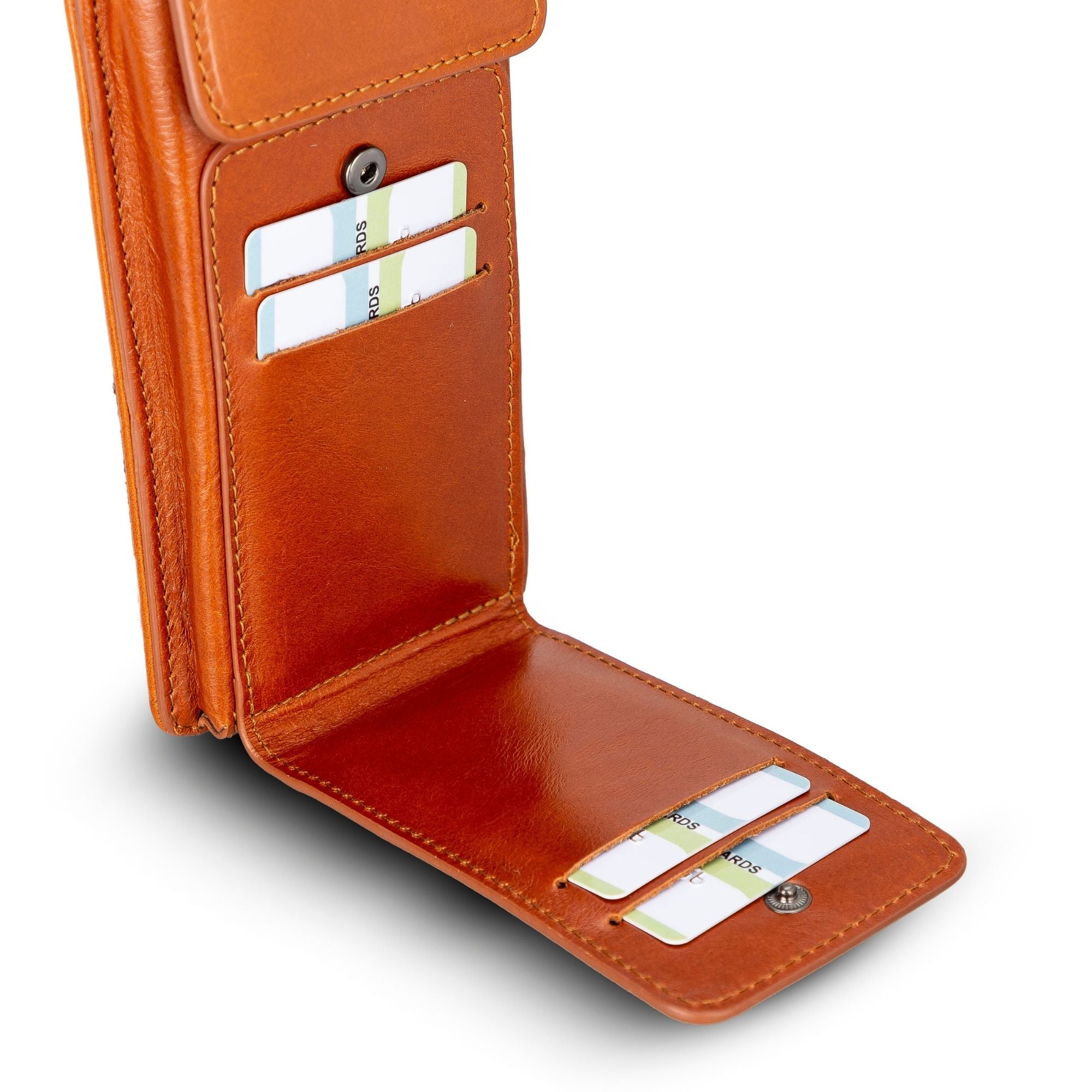 A stylish Lovell Crossbody Leather Phone Wallet made from genuine leather, featuring a zippered compartment and credit card slots.