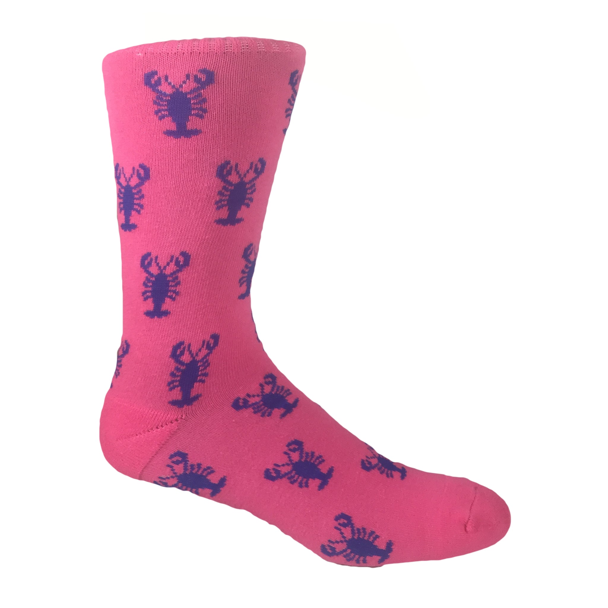 Lovely Lobsters Crew Socks featuring a blue background with pink lobsters, perfect for nautical fashion.