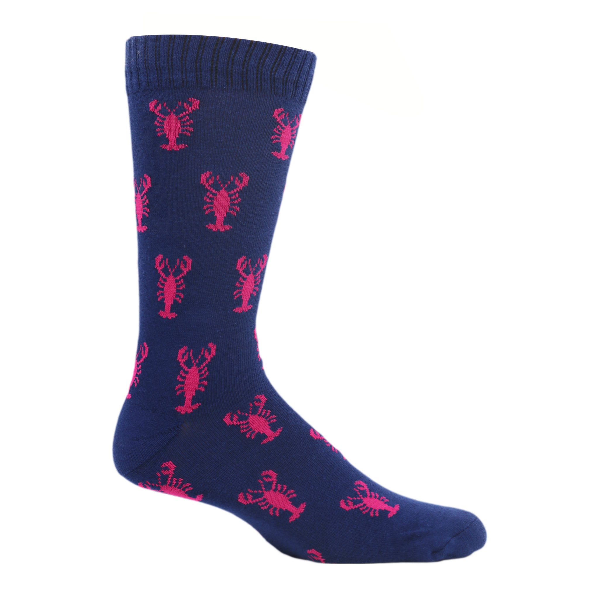 Lovely Lobsters Crew Socks featuring a blue background with pink lobsters, perfect for nautical fashion.