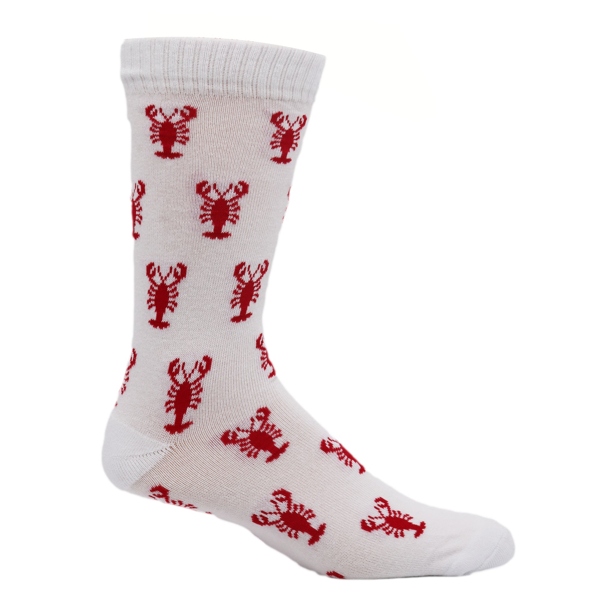 Lovely Lobsters Crew Socks featuring a blue background with pink lobsters, perfect for nautical fashion.