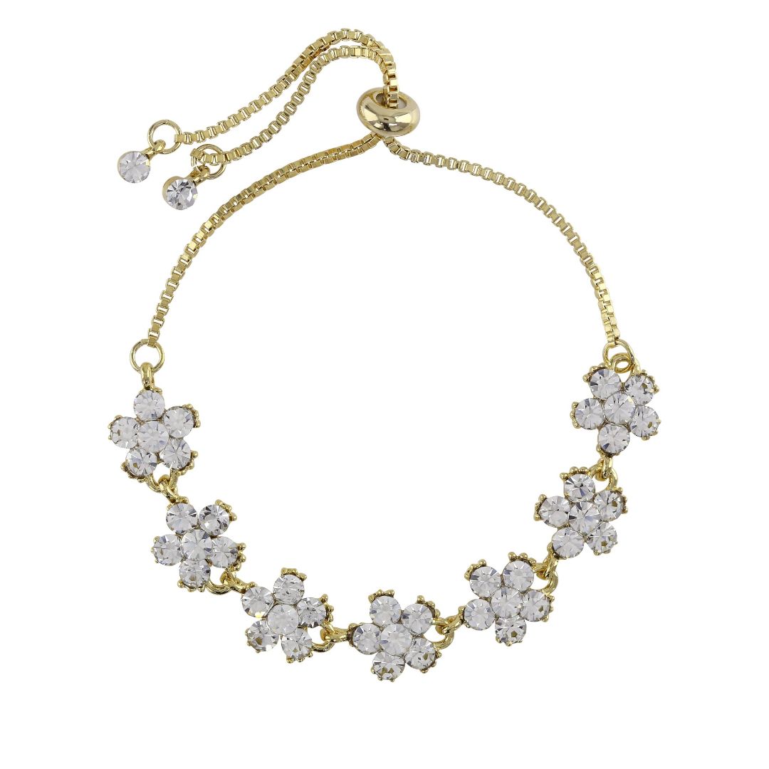 A beautiful loveRocks Crystal Daisies Friendship Bracelet featuring sparkling crystal daisies and an adjustable slider fixing.