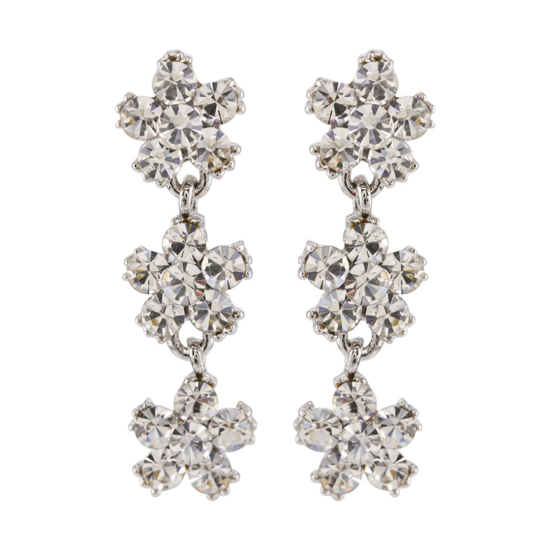 LoveRocks Crystal Daisy 3 Drop Earrings featuring three sparkling crystal daisies on a delicate drop design.