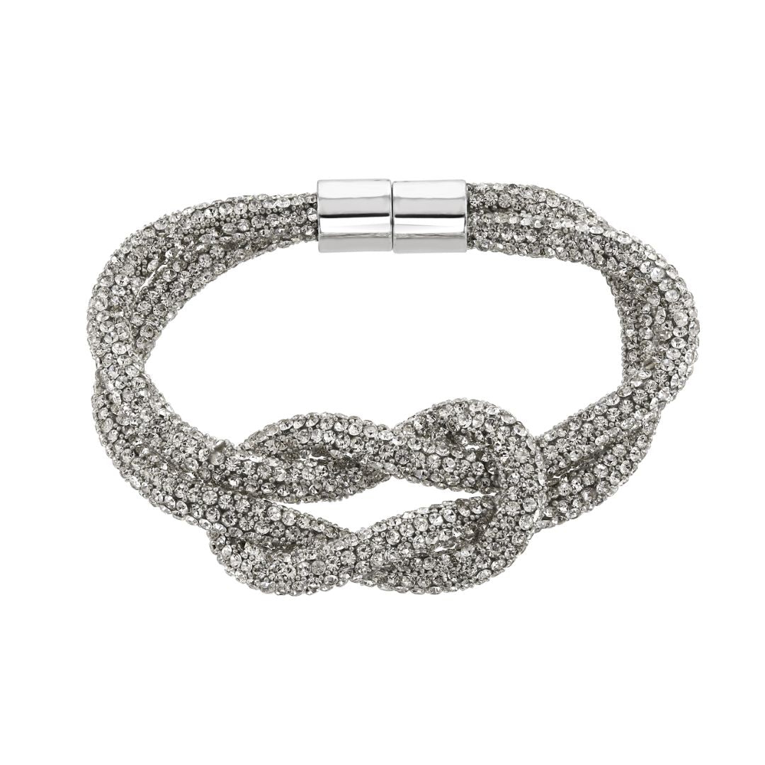 loveRocks Crystal Mesh Knot Bracelet featuring a slinky design and magnetic clasp, showcasing elegance and style.