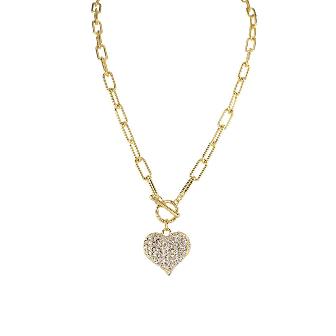 loveRocks Crystal Puffed Heart T Bar Necklace featuring a chunky chain and sparkling crystals.