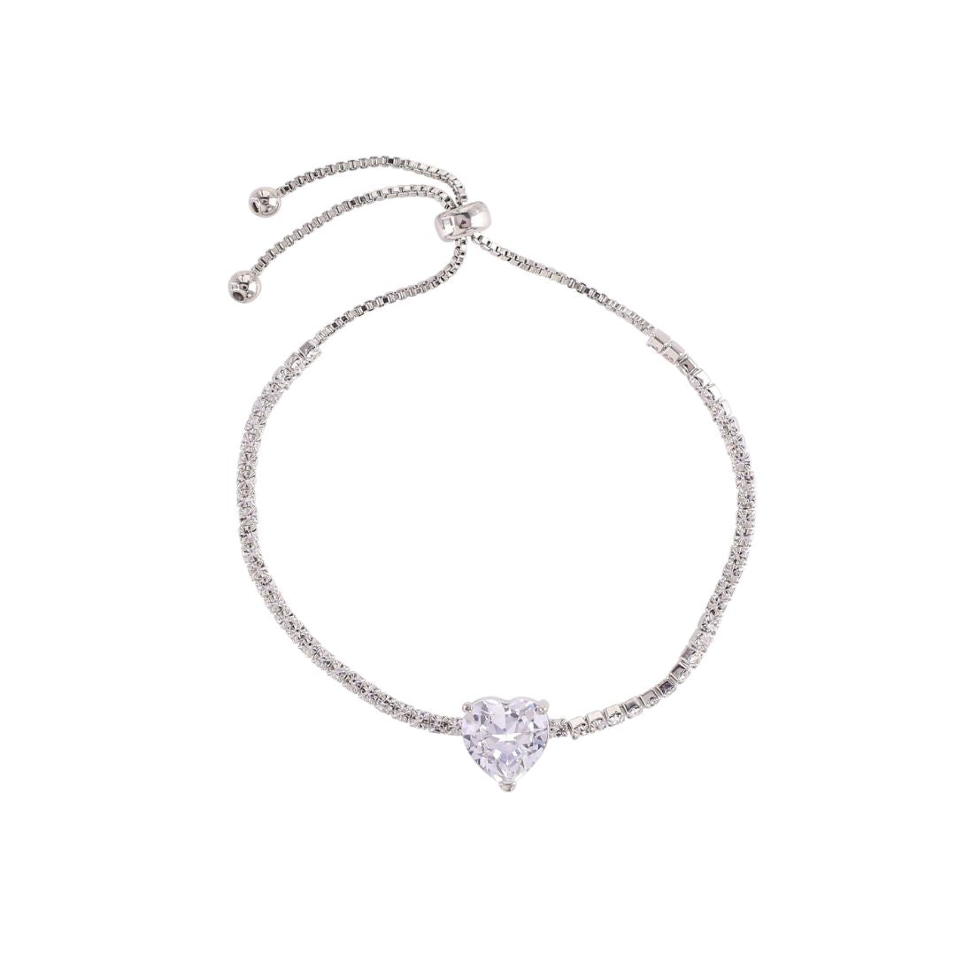 loveRocks CZ Heart and Crystal Friendship Bracelet featuring an adjustable slider and elegant cubic zircon heart on a crystal chain.