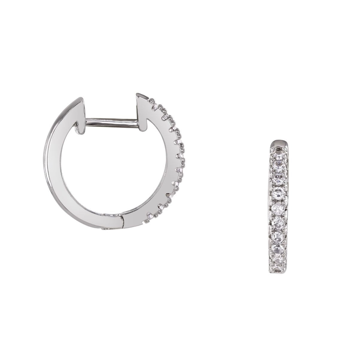 loveRocks silver huggie hoop earrings adorned with clear cubic zirconia stones, showcasing a classic and elegant design.