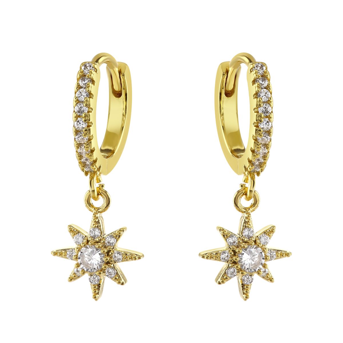 loveRocks Huggie Hoop Earrings featuring a CZ sunburst charm drop, showcasing elegance and sparkle.