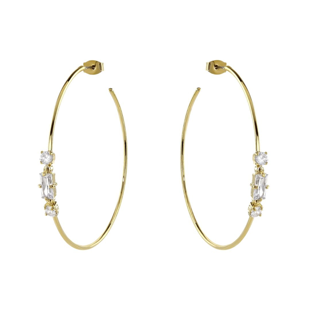 loveRocks Large Hoop earrings featuring elegant baguette stones, showcasing a chic and edgy design.