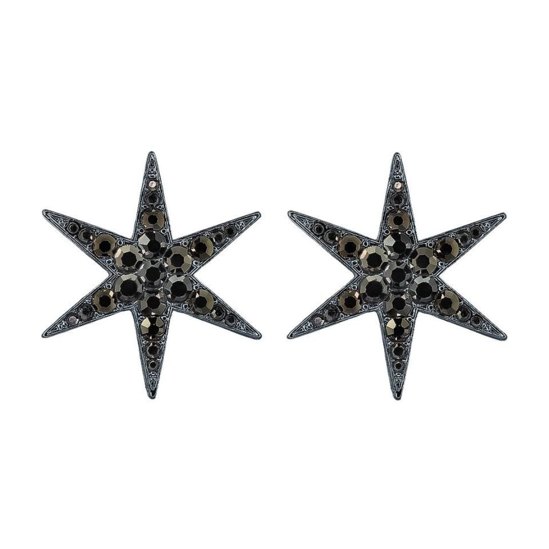 loveRocks Mega Crystal Encrusted Star Stud Earrings featuring large black stars adorned with haematite stones, perfect for dramatic celebrations.