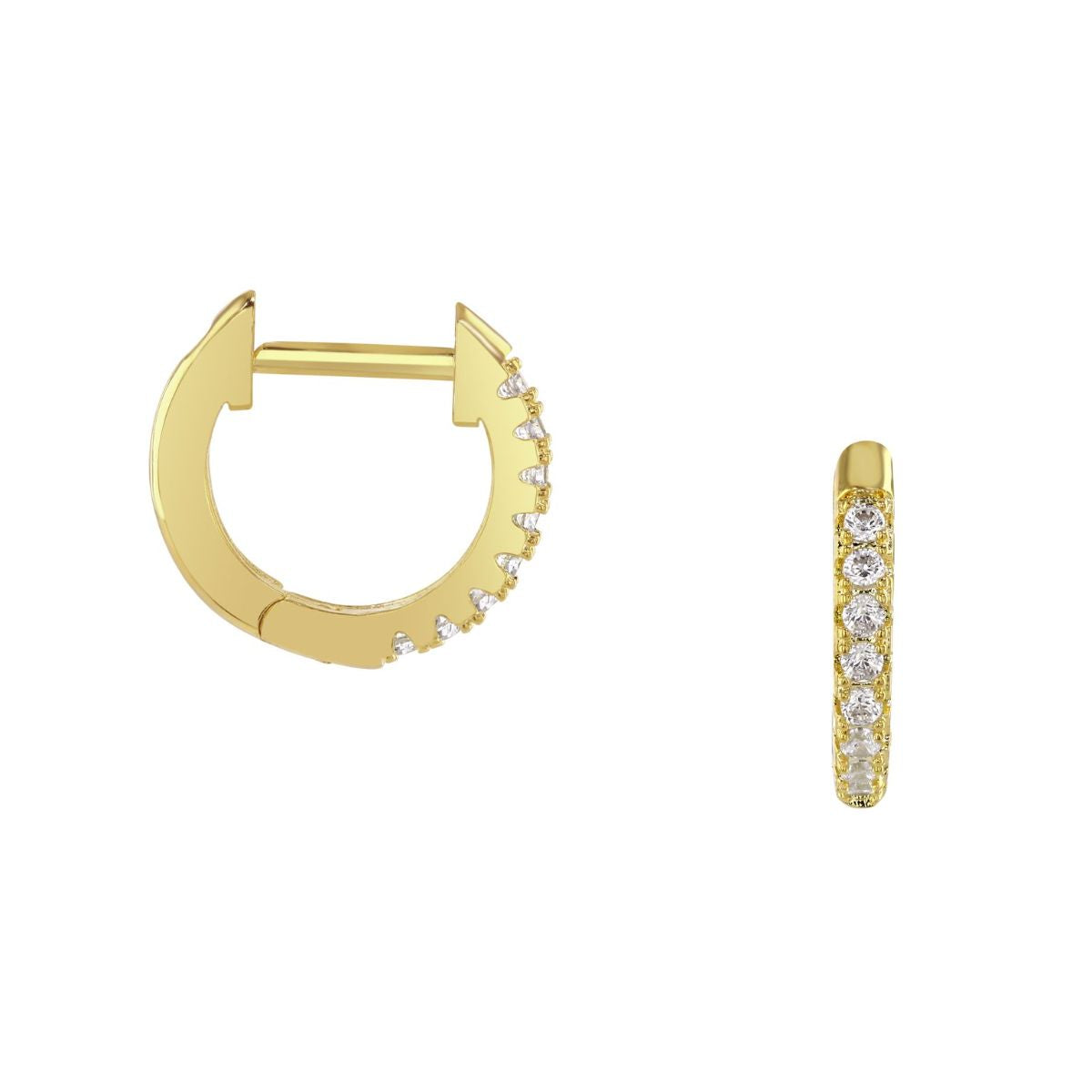 loveRocks Mini Huggie Hoop Earrings in gold with clear Cubic Zirconia stones, showcasing a classic and elegant design.