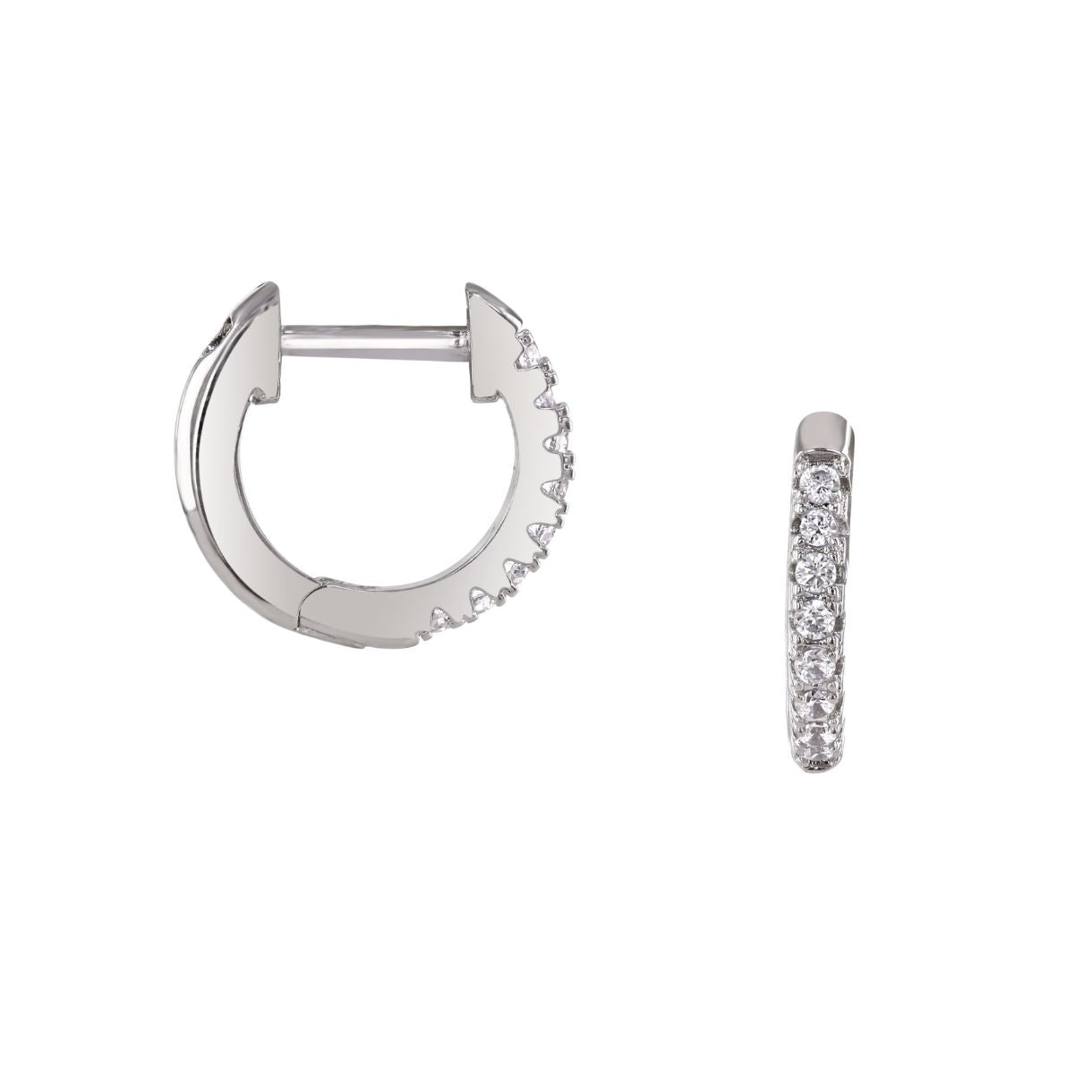 loveRocks Mini Huggie Hoop Earrings in Silver with clear Cubic Zirconia stones, showcasing a classic and elegant design.