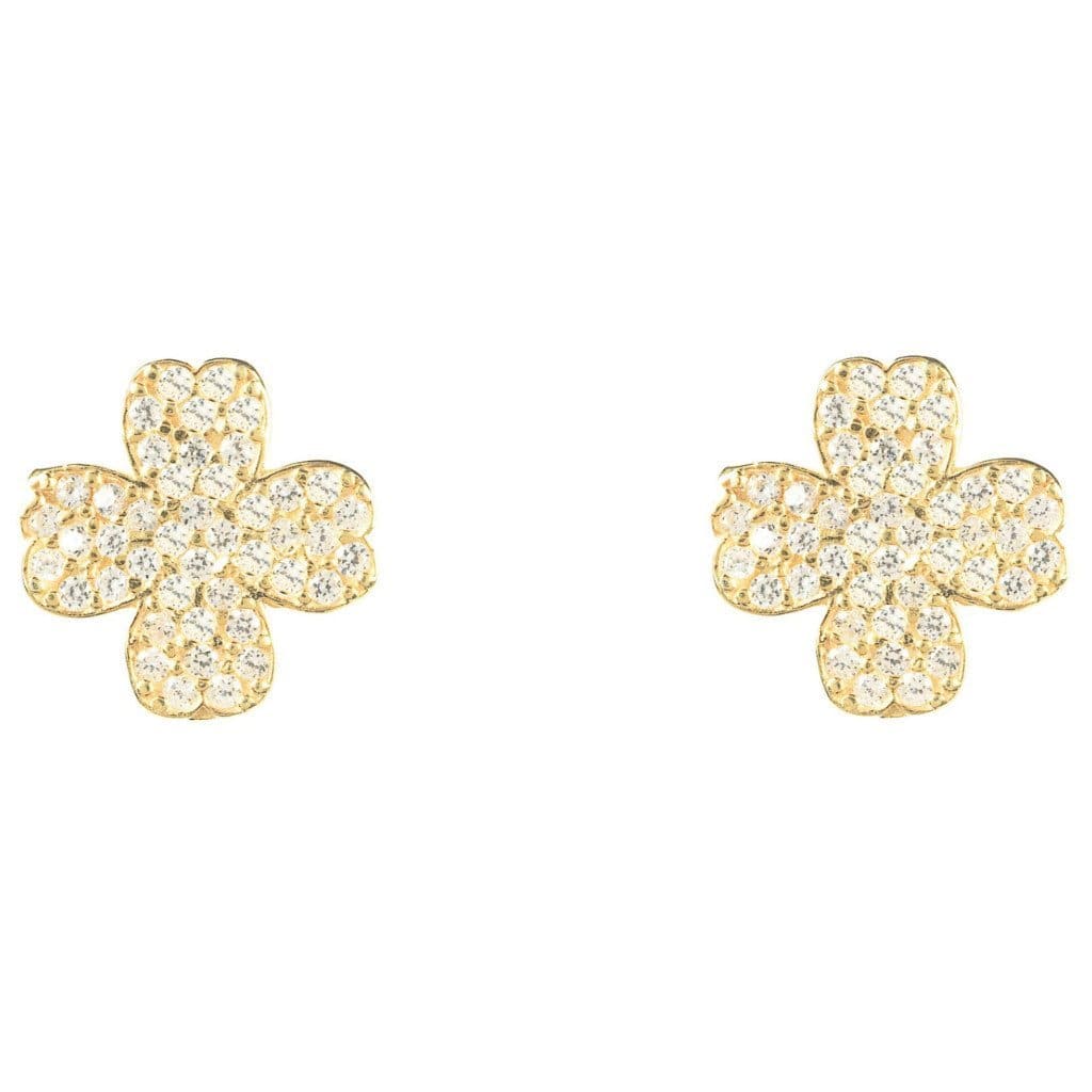 A pair of elegant lucky four leaf clover earrings made from sterling silver, adorned with sparkling cubic zirconia stones, showcasing a dainty design.