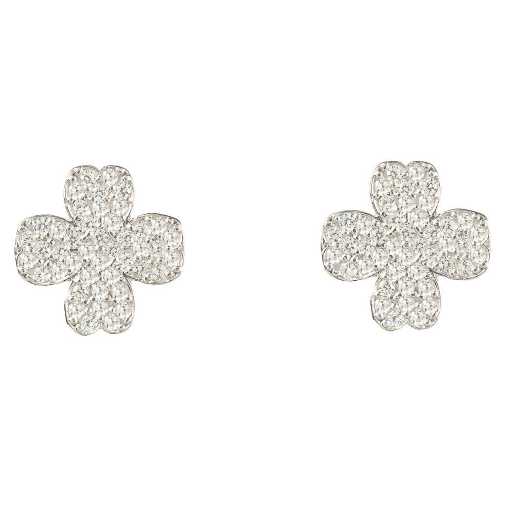 A pair of elegant lucky four leaf clover earrings made from sterling silver, adorned with sparkling cubic zirconia stones, showcasing a dainty design.