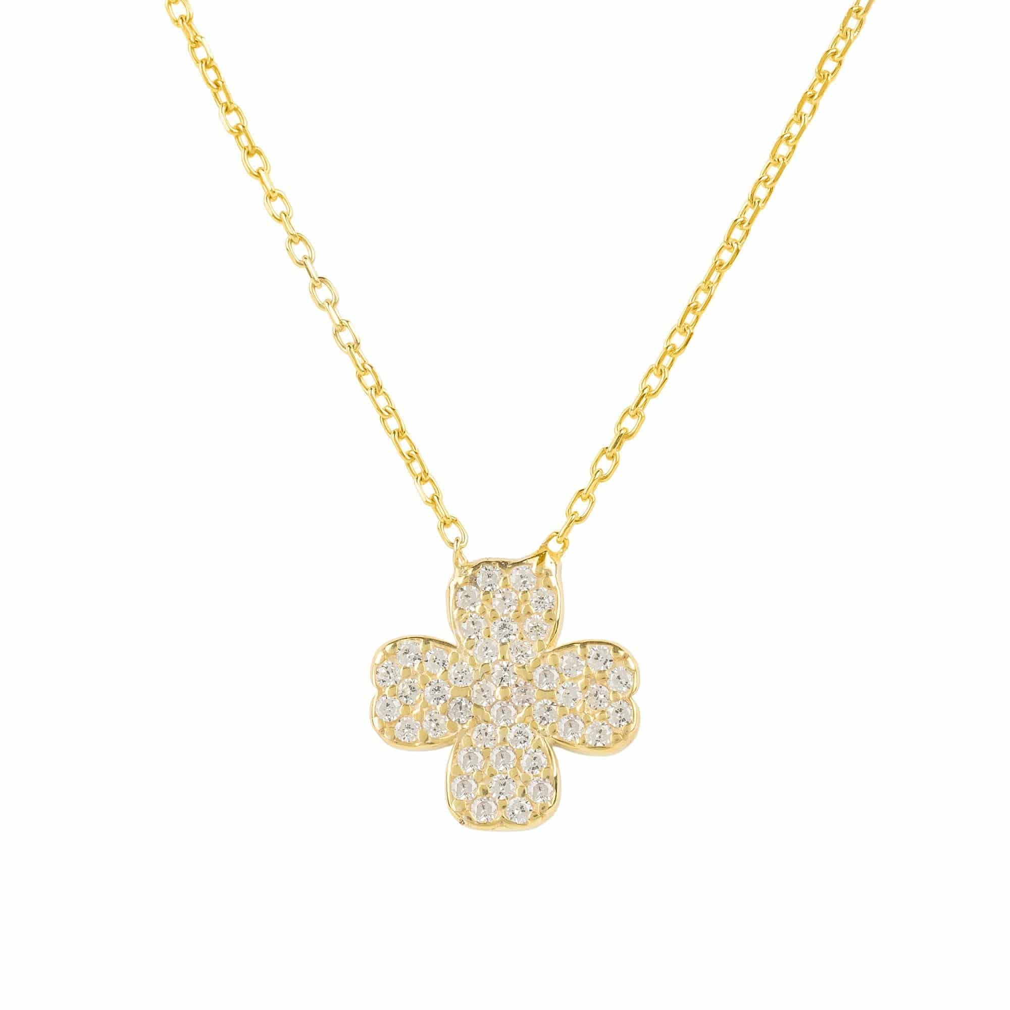 A delicate Lucky Four Leaf Clover Necklace made of 925 sterling silver with white zirconia, showcasing its elegant design and adjustable length.