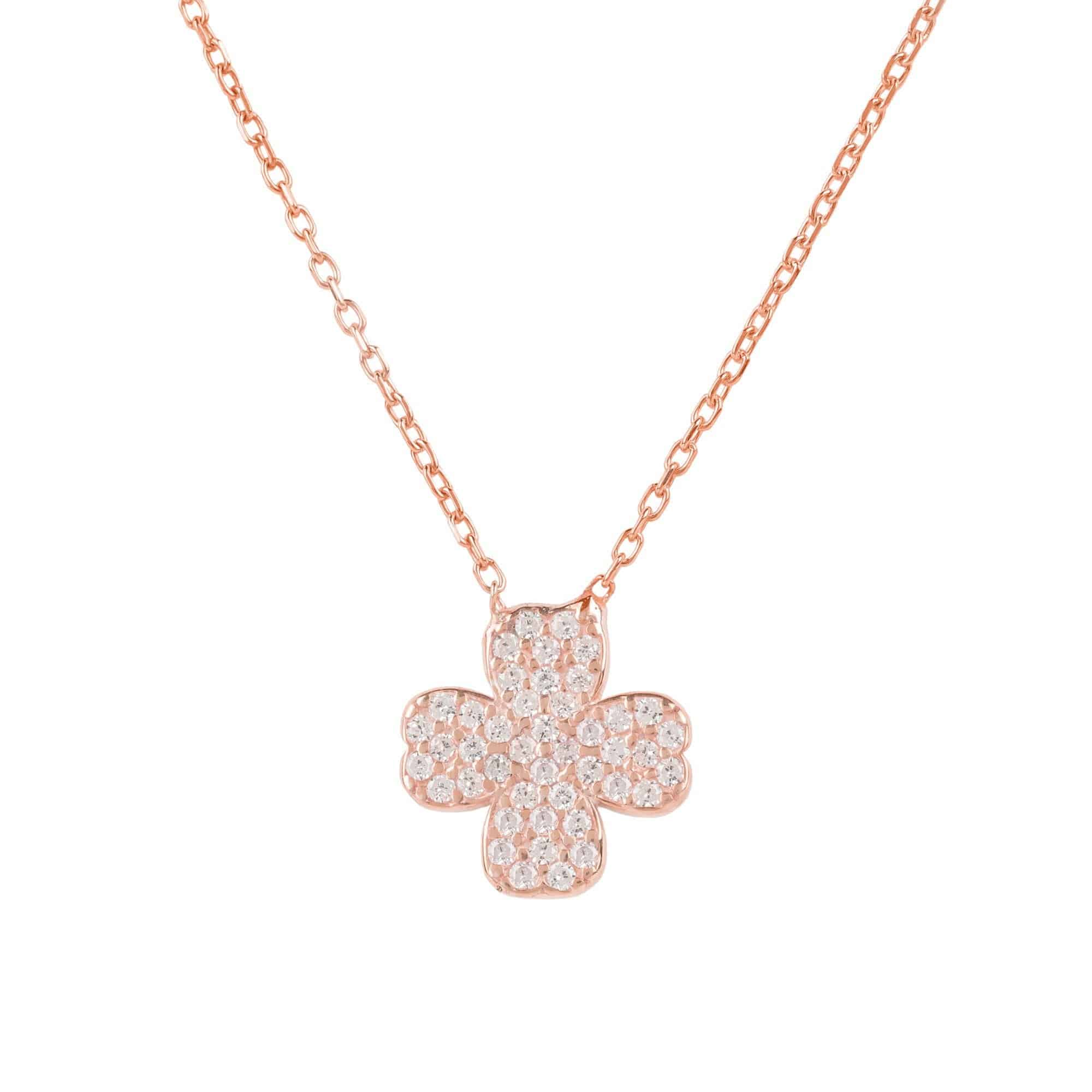 A delicate Lucky Four Leaf Clover Necklace made of 925 sterling silver with white zirconia, showcasing its elegant design and adjustable length.