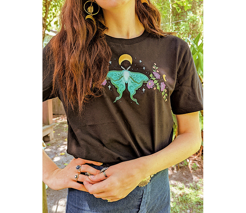 Lunar Moth Organic Unisex T-Shirt featuring a whimsical design, made from soft organic cotton, perfect for casual wear.