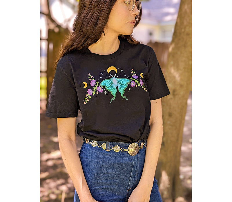 Lunar Moth Organic Unisex T-Shirt featuring a whimsical design, made from soft organic cotton, perfect for casual wear.