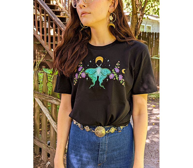 Lunar Moth Organic Unisex T-Shirt featuring a whimsical design, made from soft organic cotton, perfect for casual wear.