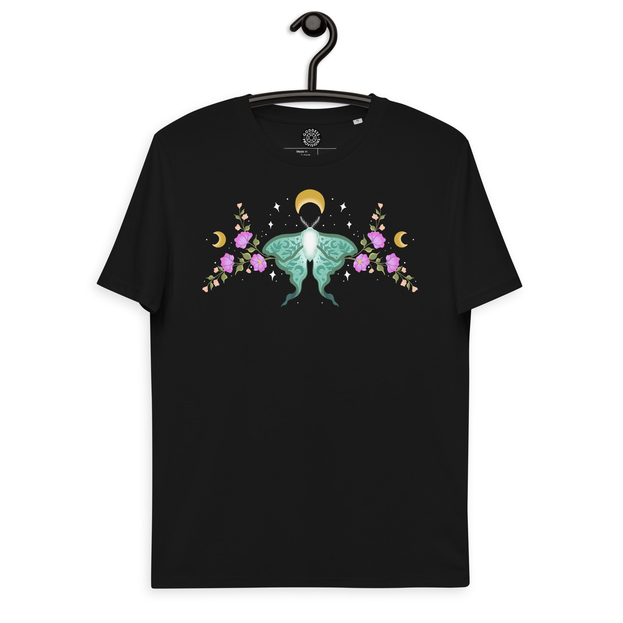 Lunar Moth Organic Unisex T-Shirt featuring a whimsical design, made from soft organic cotton, perfect for casual wear.