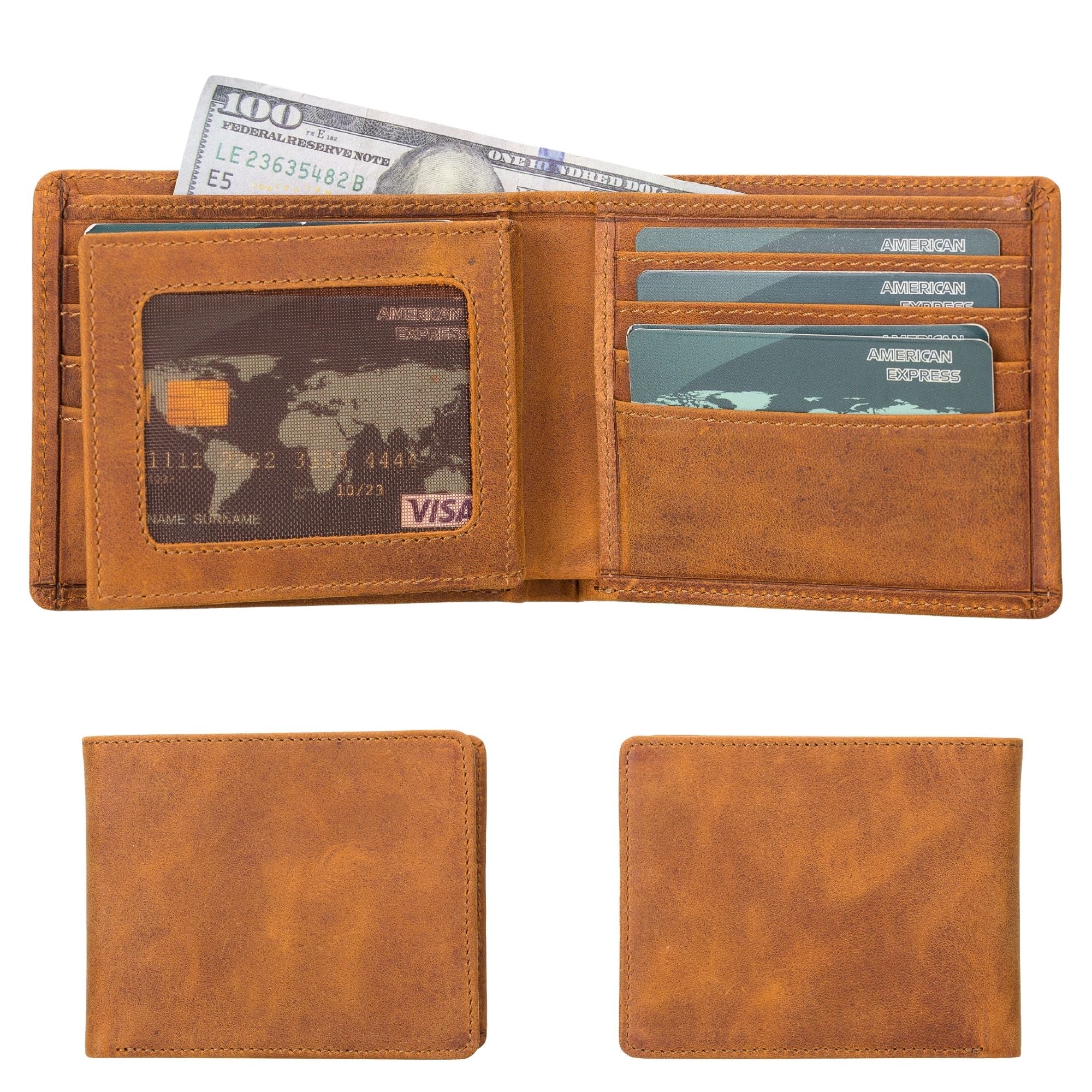 Lusk Slim Bifold Wallet made of genuine leather in tan and dark brown colors, showcasing its slim design and multiple card slots.