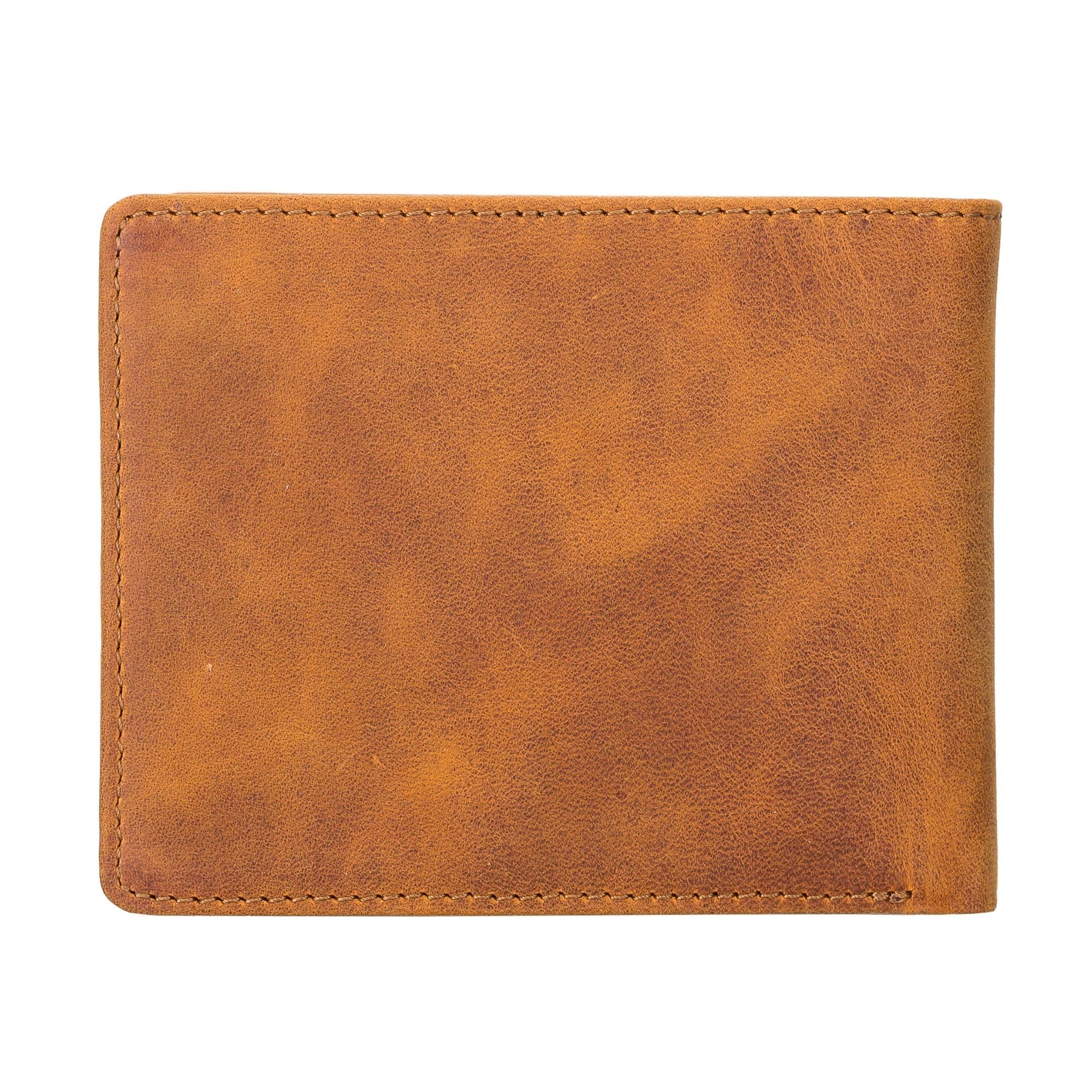 Lusk Slim Bifold Wallet made of genuine leather in tan and dark brown colors, showcasing its slim design and multiple card slots.