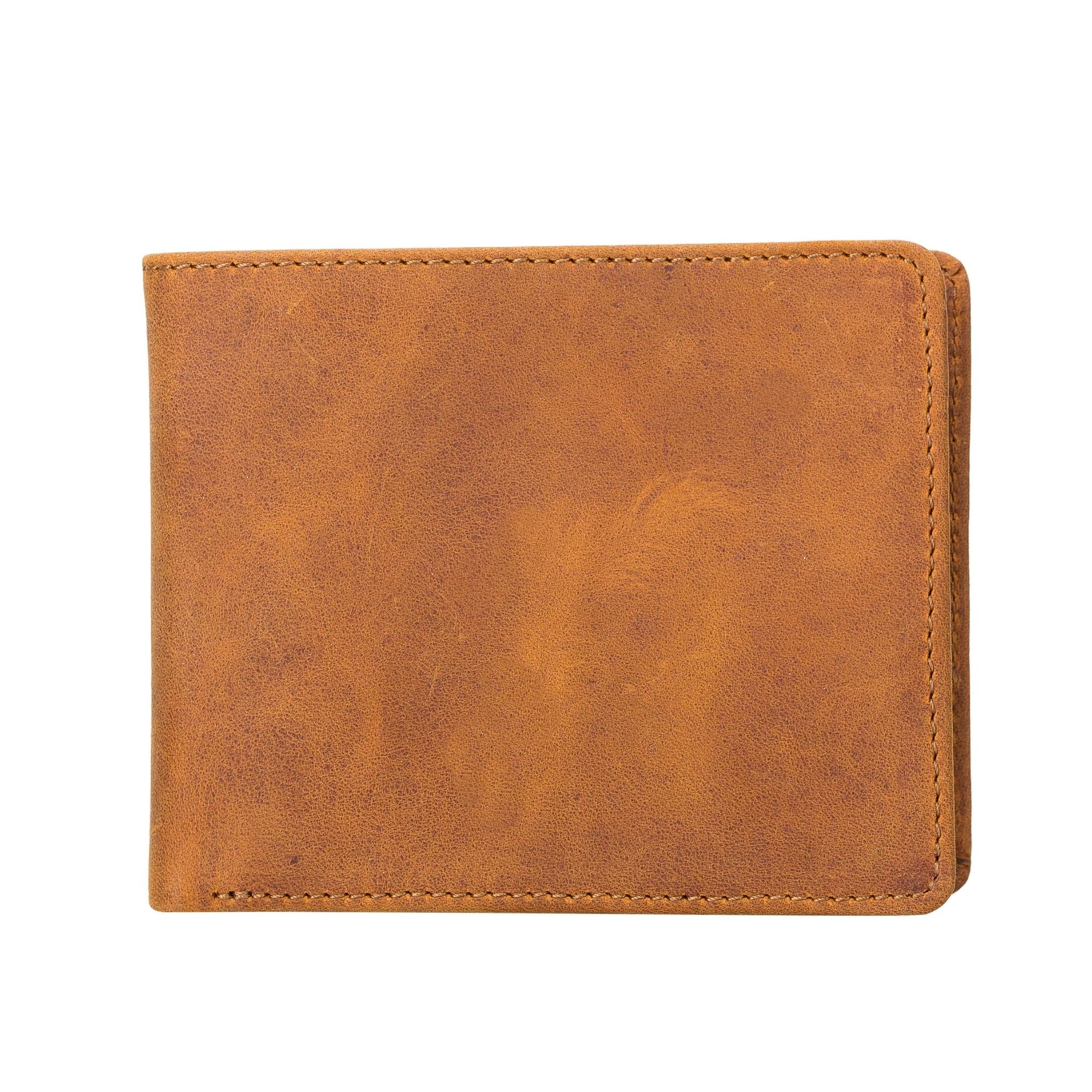 Lusk Slim Bifold Wallet made of genuine leather in tan and dark brown colors, showcasing its slim design and multiple card slots.