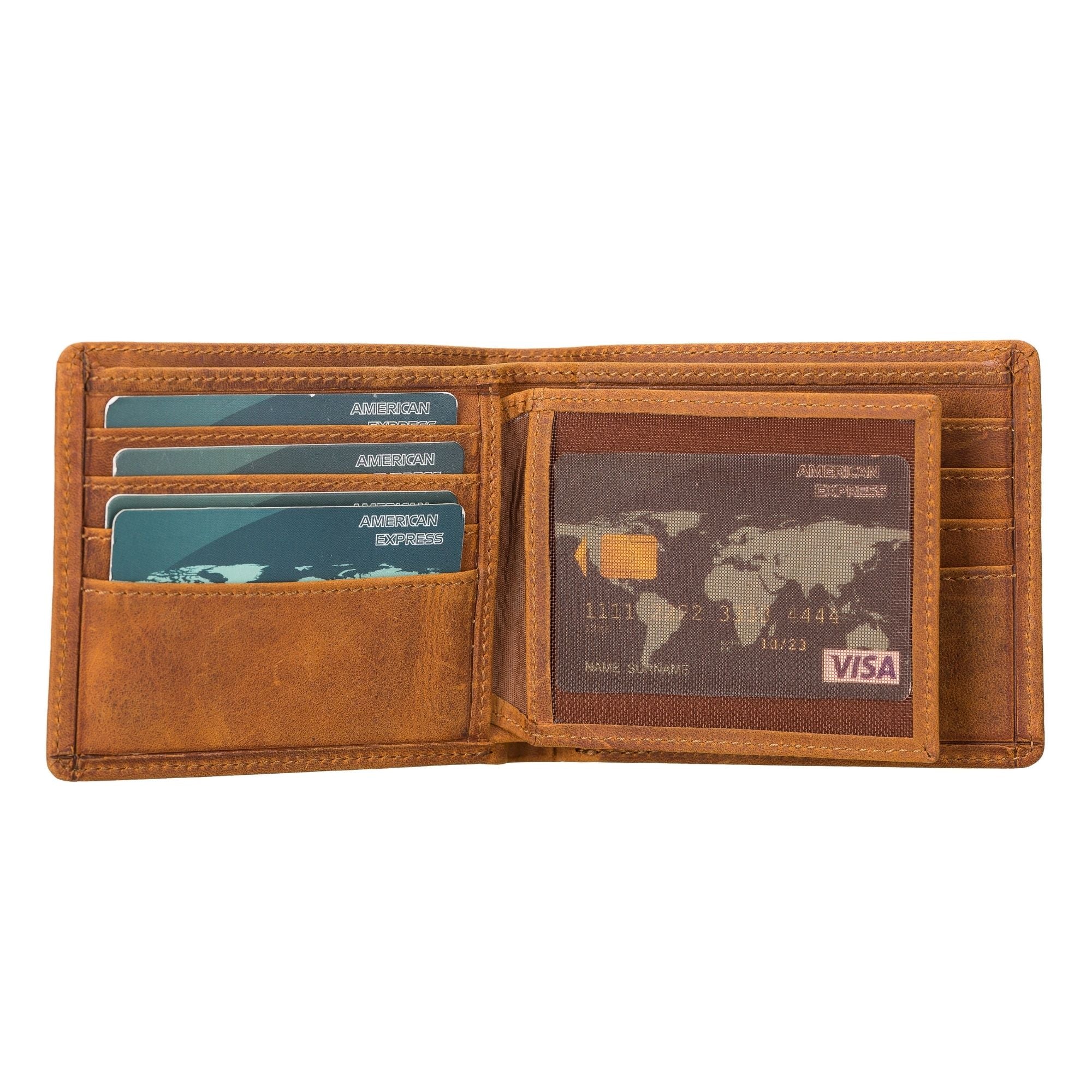 Lusk Slim Bifold Wallet made of genuine leather in tan and dark brown colors, showcasing its slim design and multiple card slots.