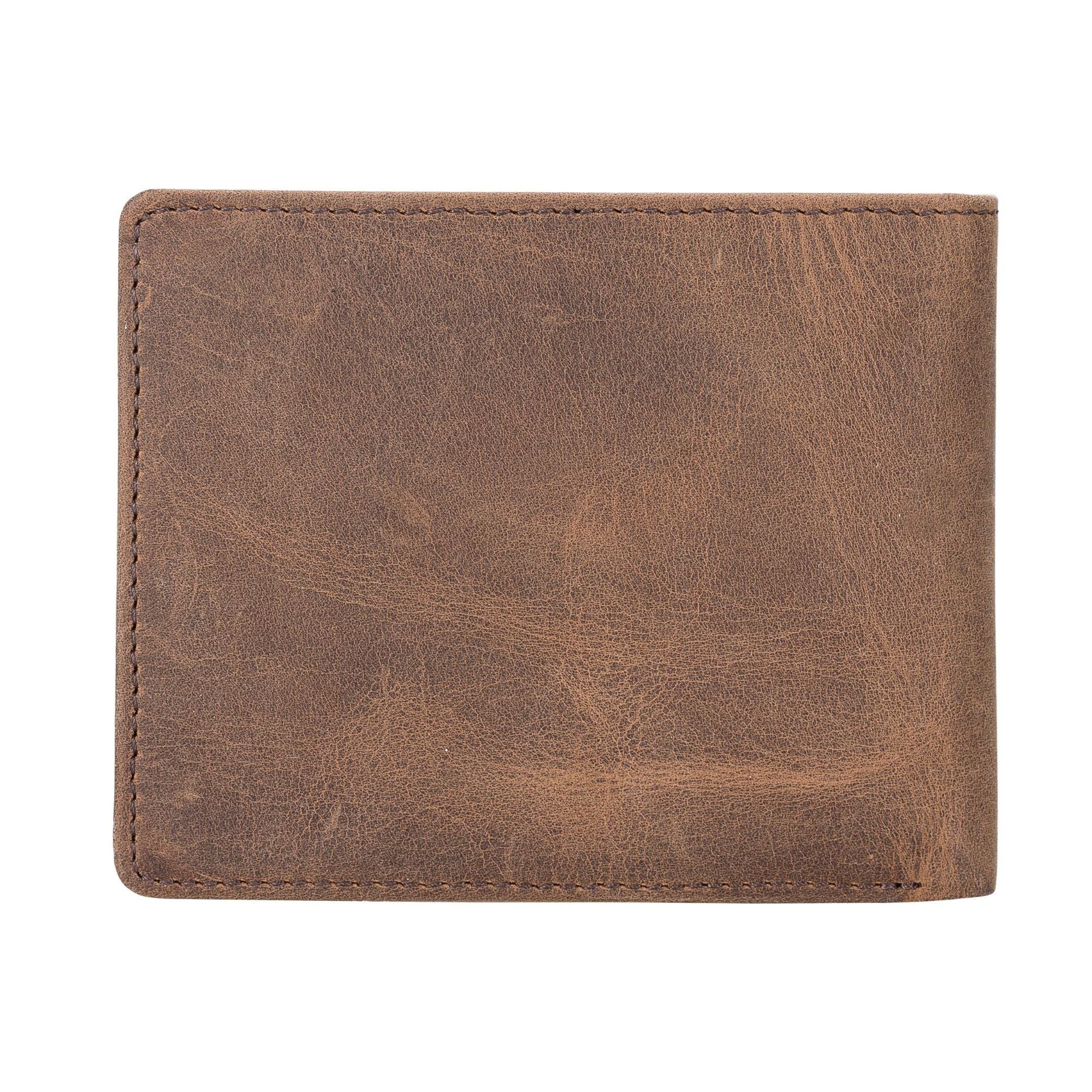 Lusk Slim Bifold Wallet made of genuine leather in tan and dark brown colors, showcasing its slim design and multiple card slots.