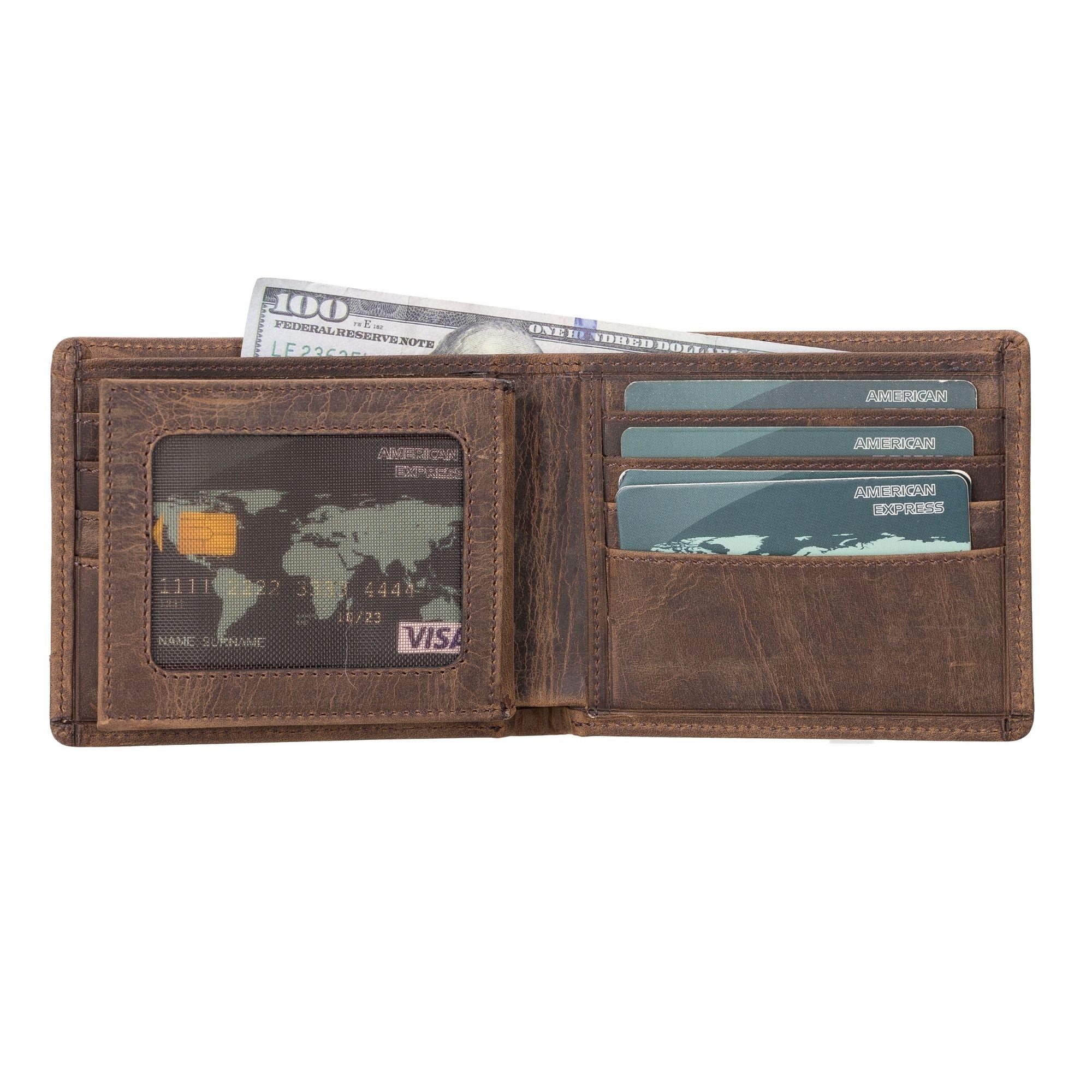 Lusk Slim Bifold Wallet made of genuine leather in tan and dark brown colors, showcasing its slim design and multiple card slots.