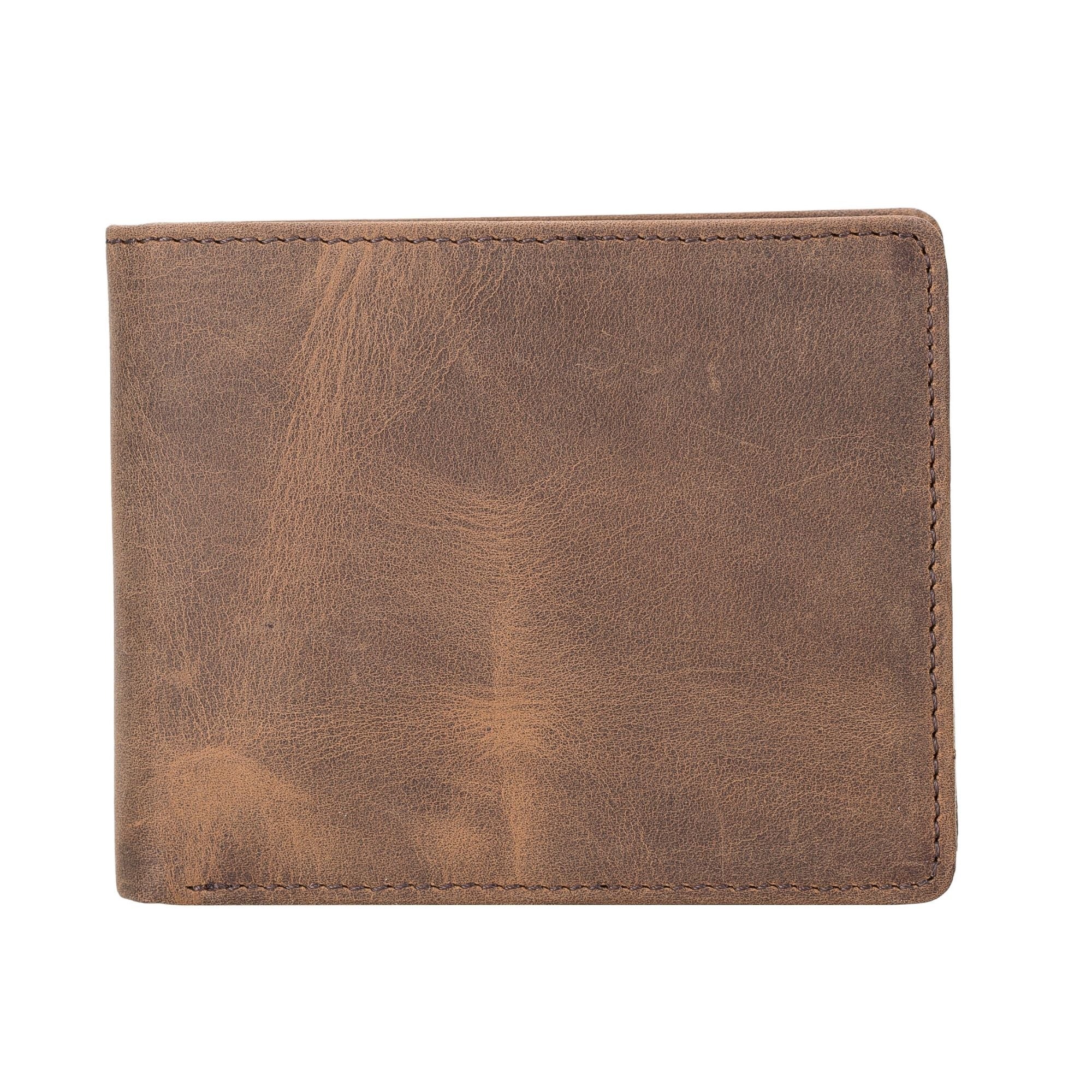 Lusk Slim Bifold Wallet made of genuine leather in tan and dark brown colors, showcasing its slim design and multiple card slots.