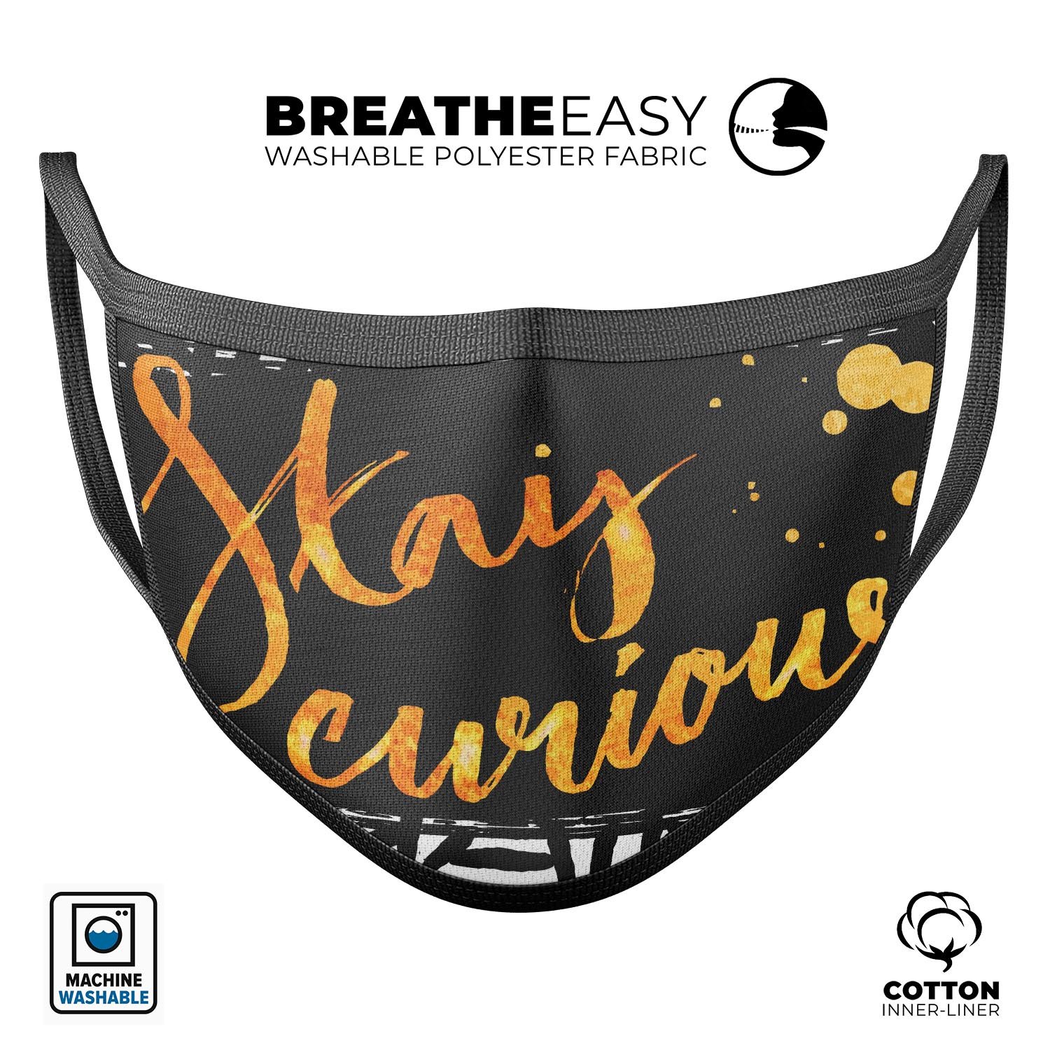 Lux Stay Curious mouth cover, a unisex anti-dust cotton mask featuring a vibrant dye-sublimated design, adjustable ear loops, and made in the USA.