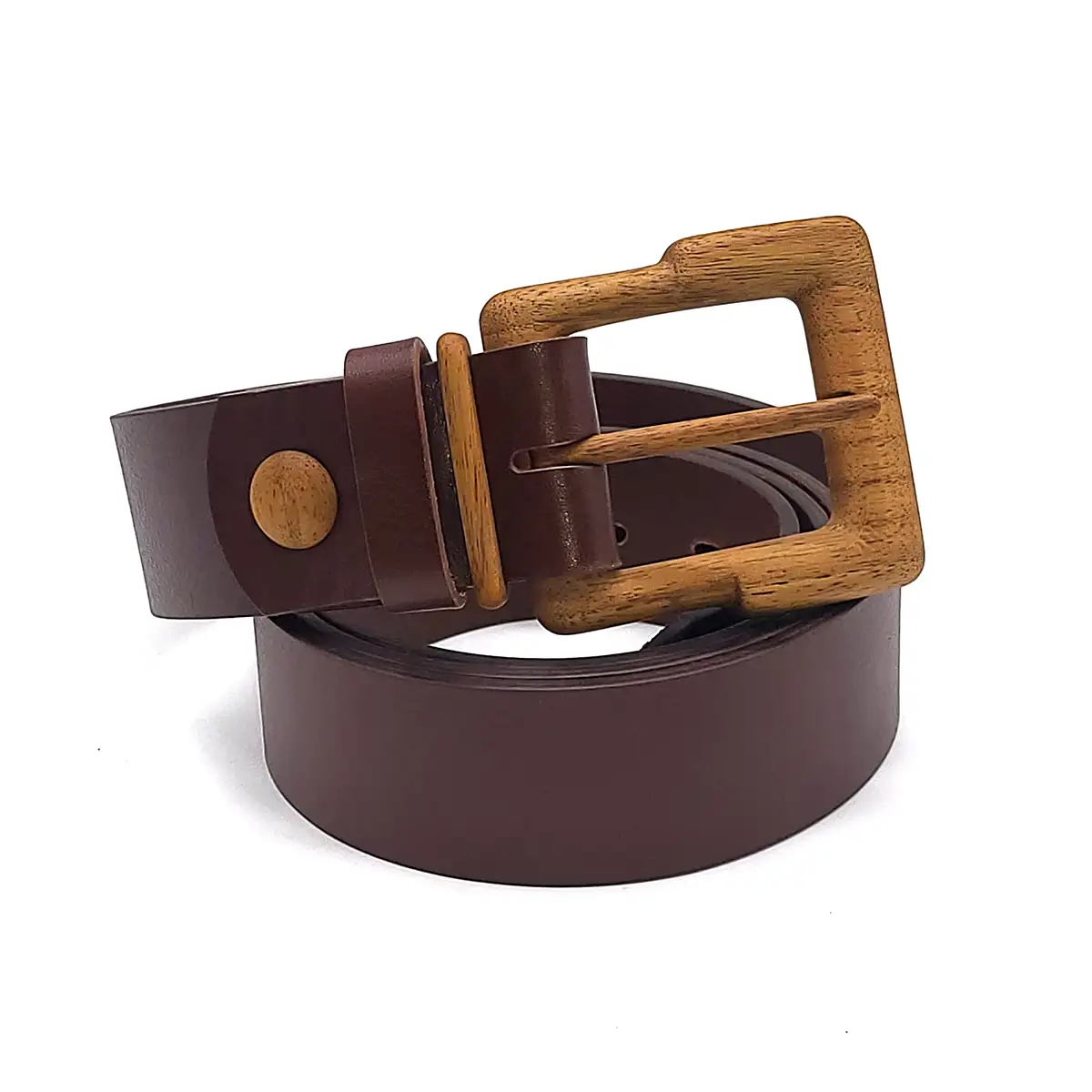 Brown leather belt with wooden buckle.