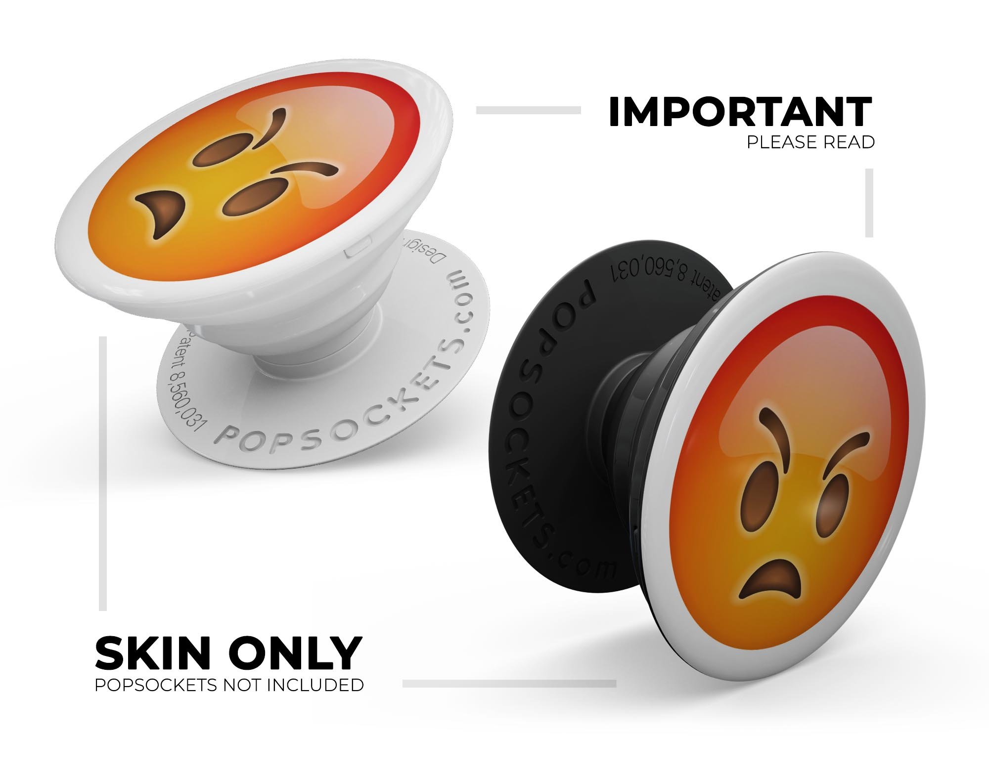 Mad Face Emoticon Emoji Skin Kit for PopSockets, featuring a vibrant design on premium vinyl for smartphone grips.