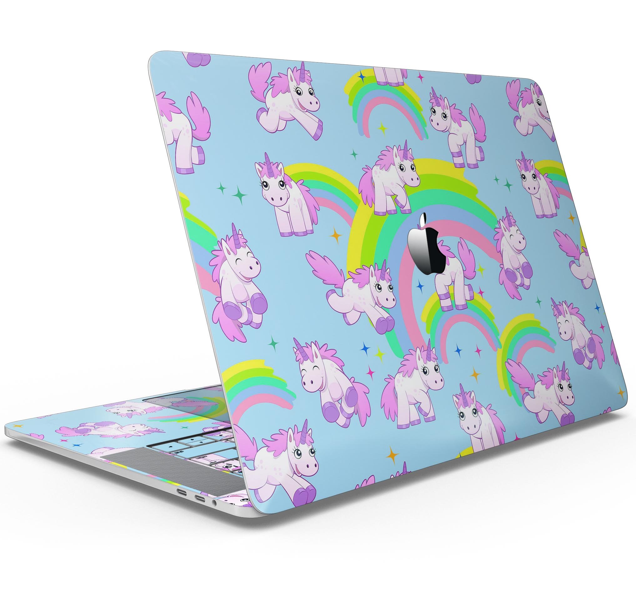 Colorful Magical Cartoon Unicorns skin decal wrap for MacBook, showcasing vibrant designs and a smooth finish.