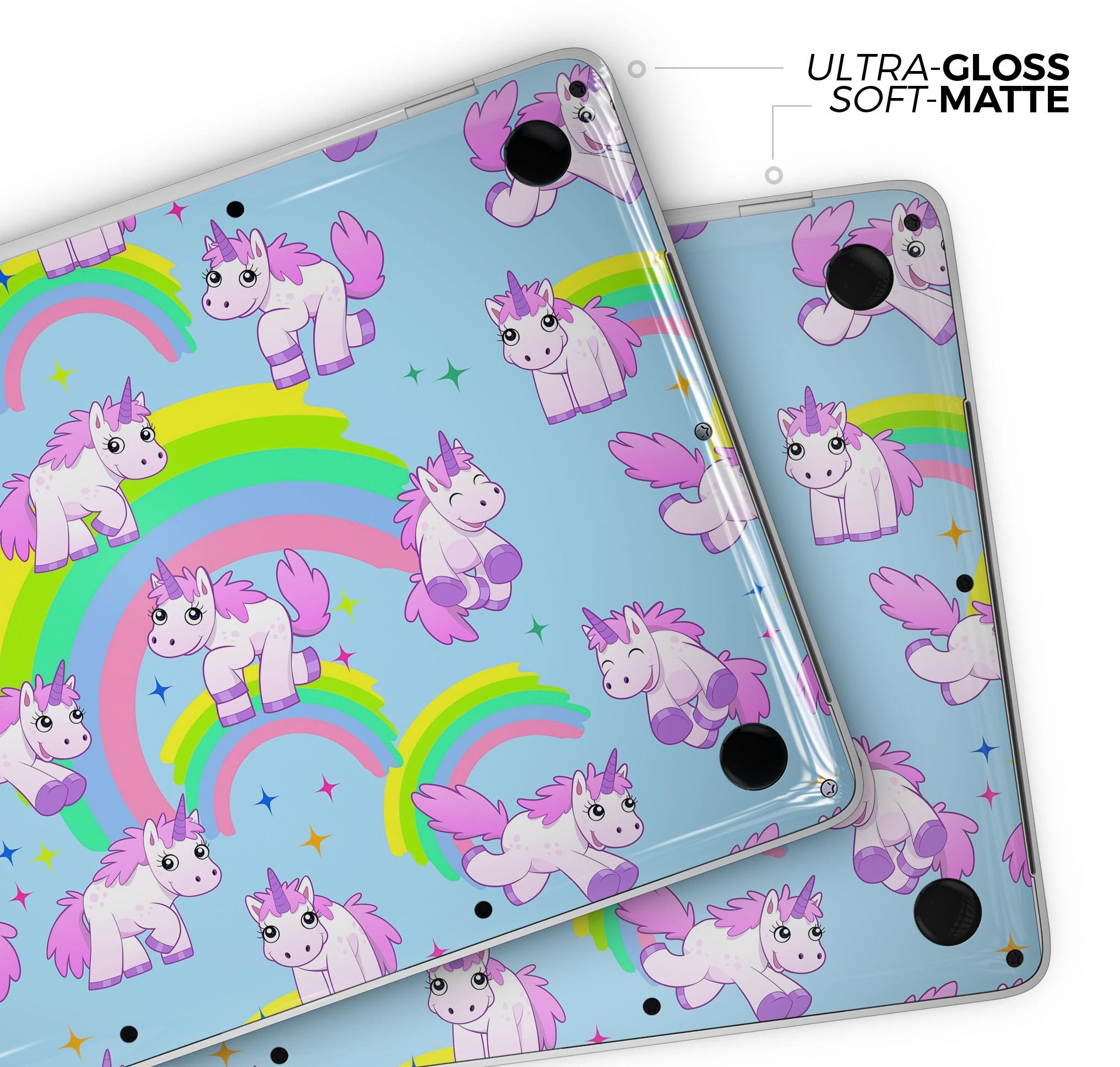 Colorful Magical Cartoon Unicorns skin decal wrap for MacBook, showcasing vibrant designs and a smooth finish.