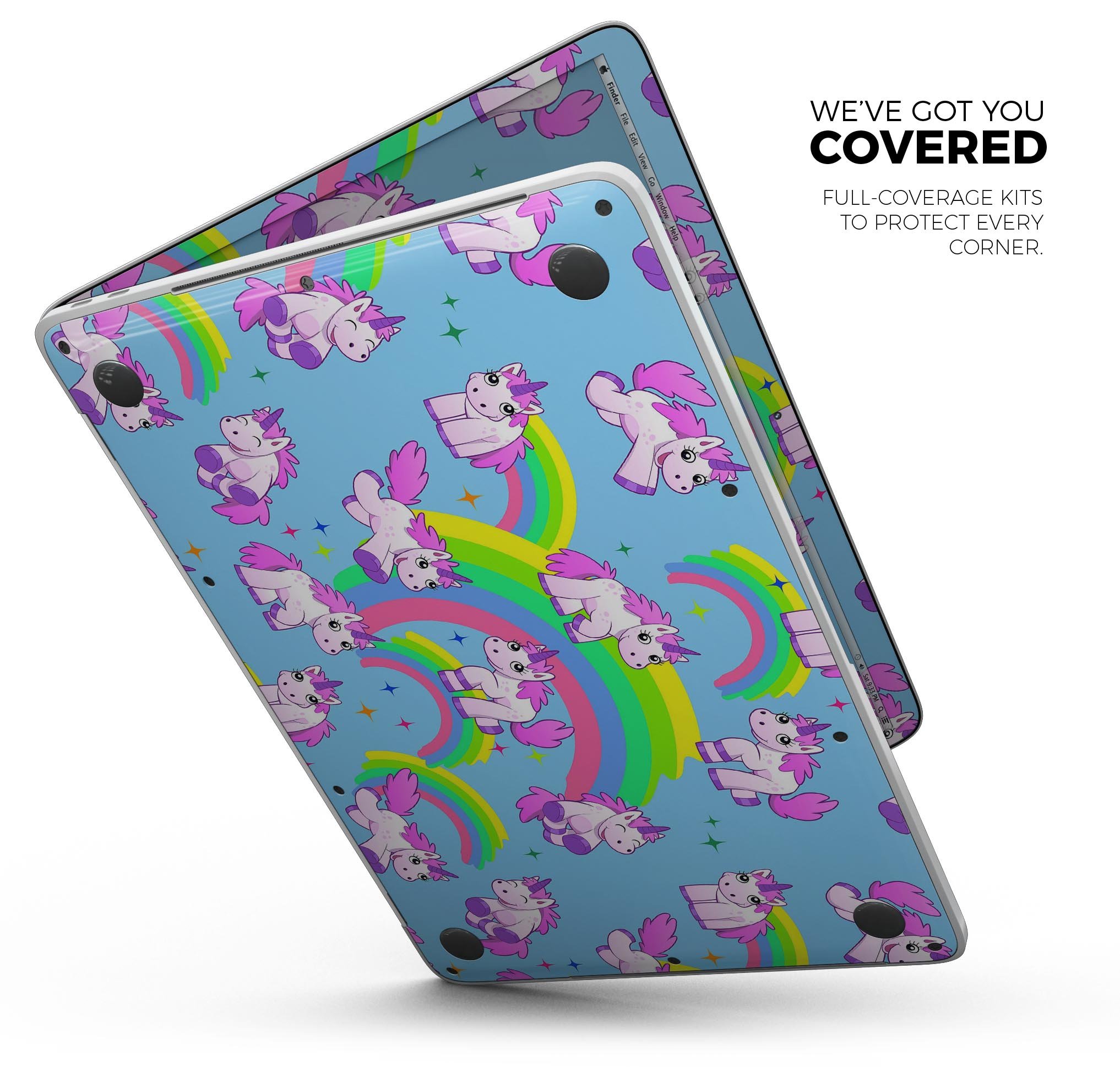 Colorful Magical Cartoon Unicorns skin decal wrap for MacBook, showcasing vibrant designs and a smooth finish.